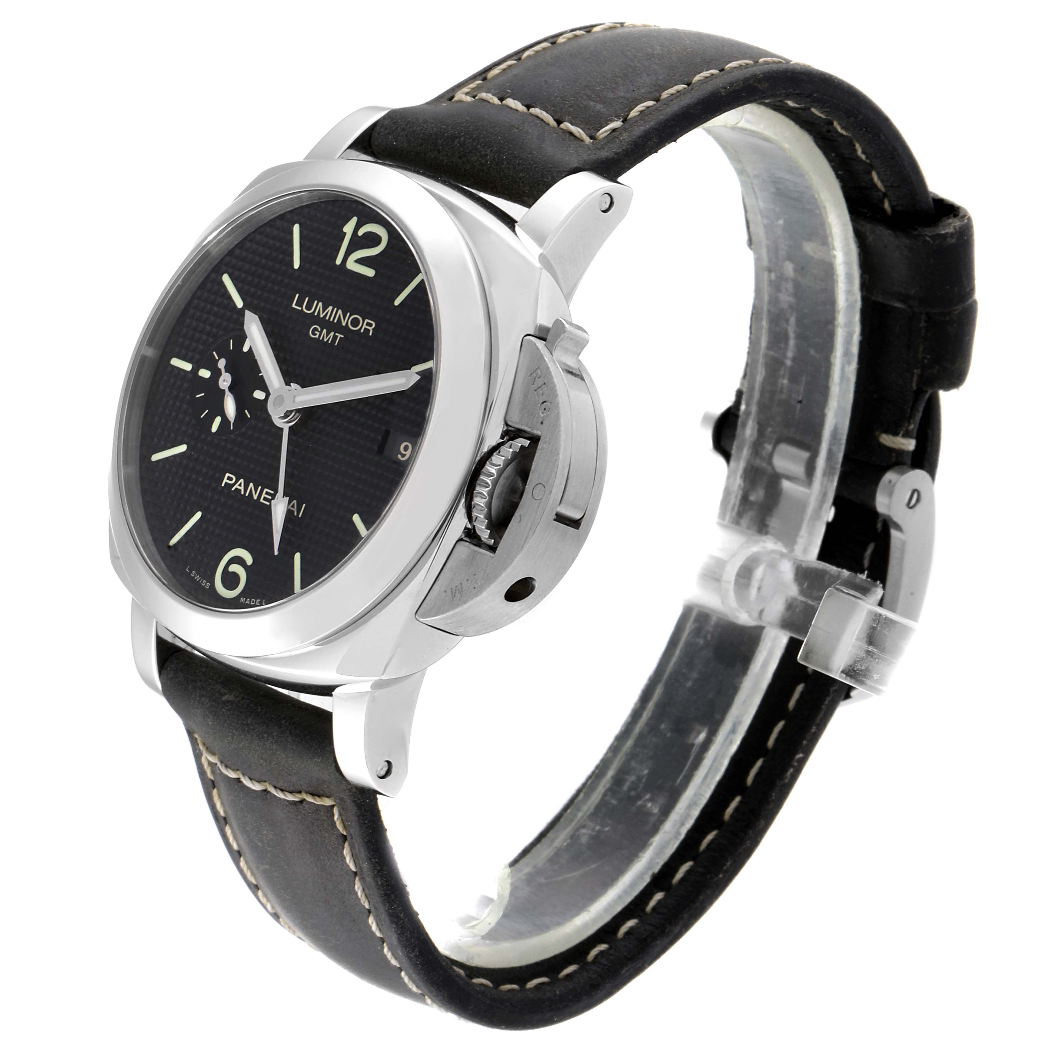 The Panerai Luminor PAM00535 Men
s Stainless Steel Black Dial PAM00535 Men
s Stainless Steel Black Dial model watch is shown at a three-quarter angle, displaying its face, crown, and leather strap.