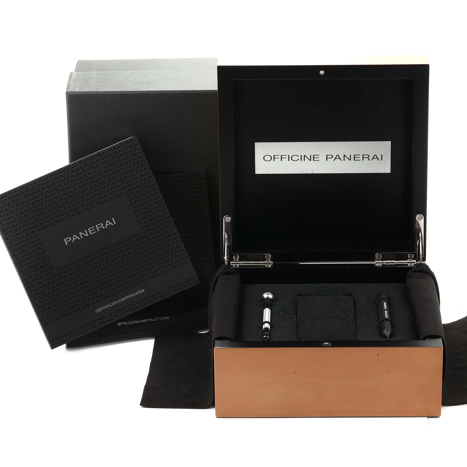 The image shows an open watch box and accessories for the Luminor model by Panerai at a front angle.