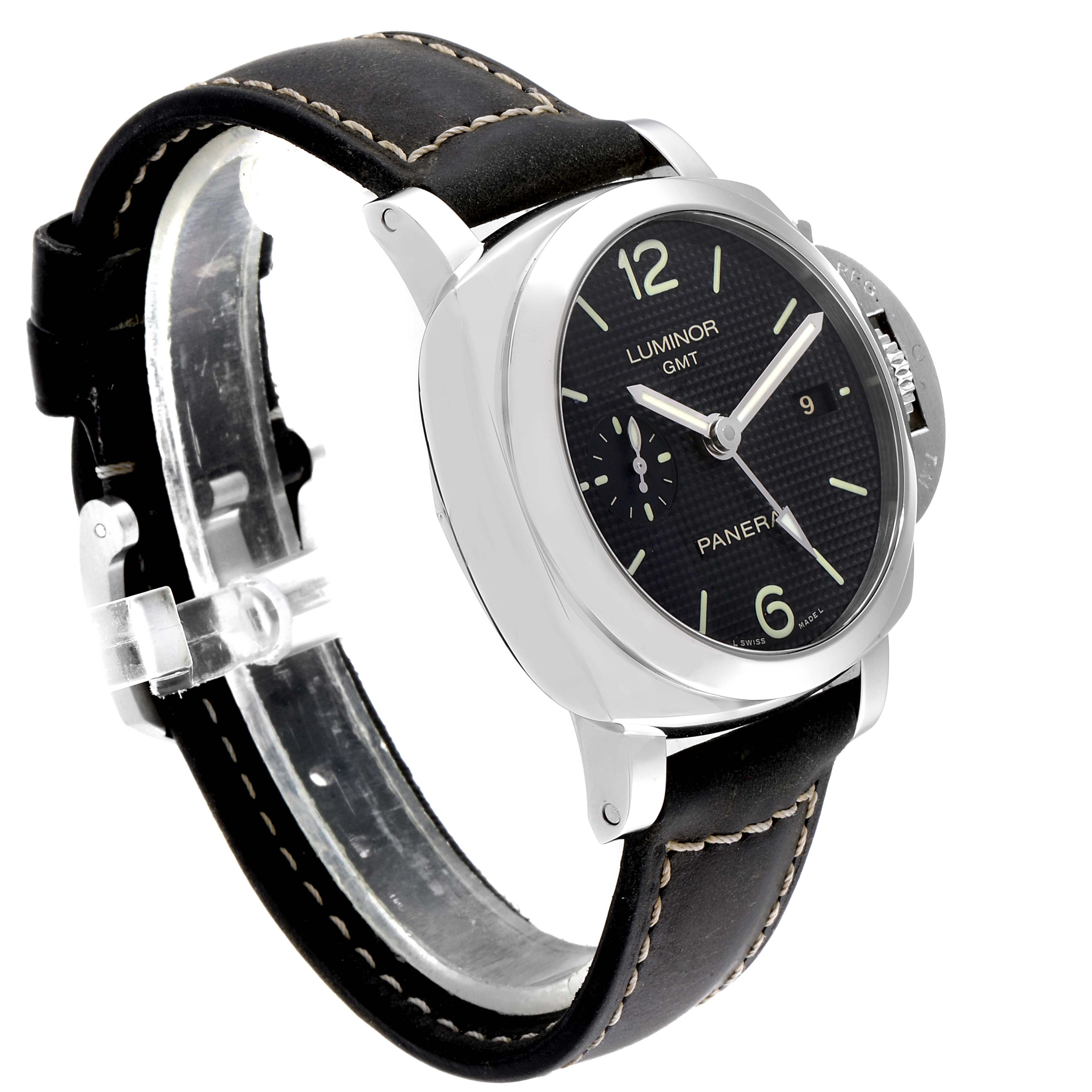 The Panerai Luminor PAM00535 Men
s Stainless Steel Black Dial PAM00535 Men
s Stainless Steel Black Dial model watch is shown at an angle displaying the face, crown guard, and black leather strap.