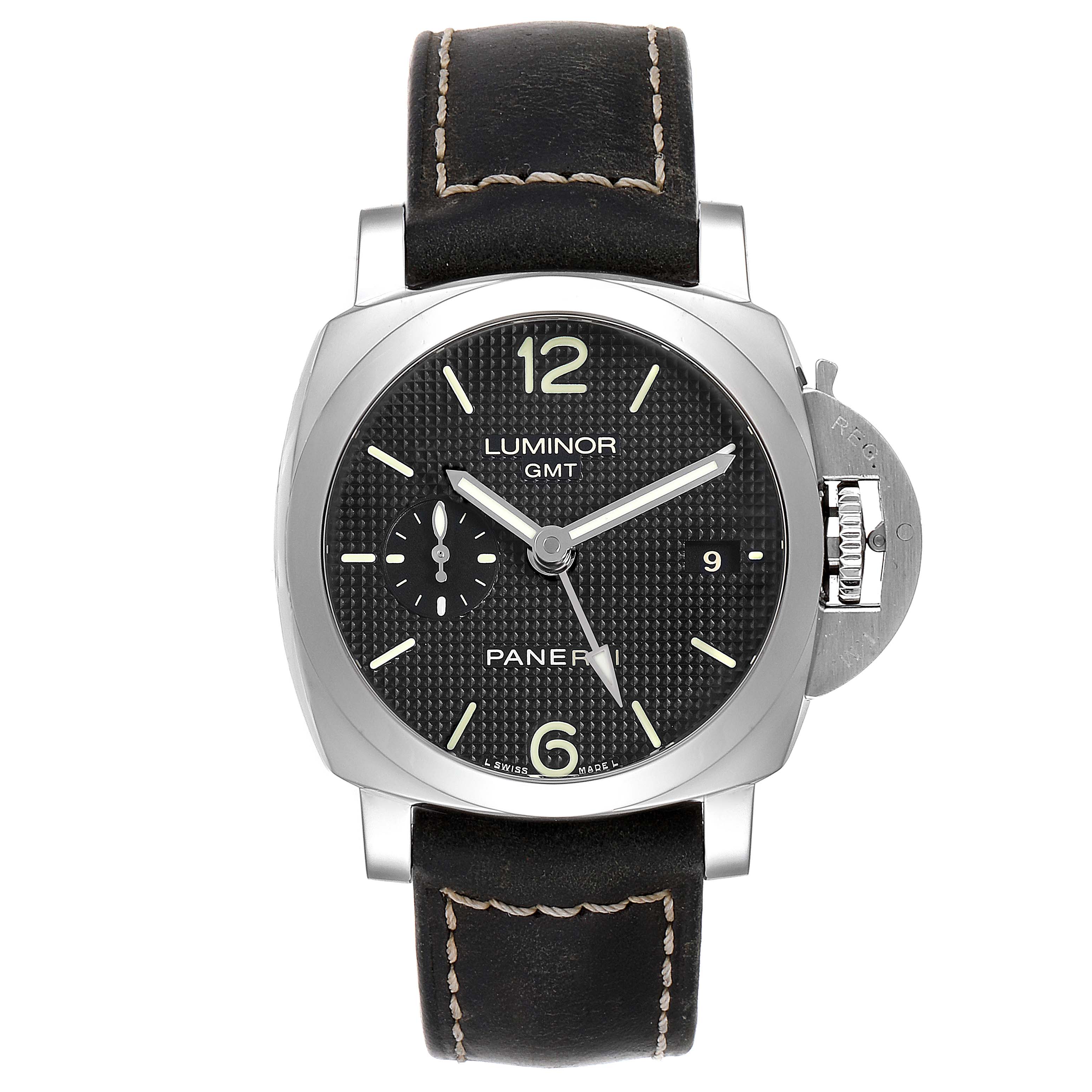 This image shows a Panerai Luminor PAM00535 Men
s Stainless Steel Black Dial PAM00535 Men
s Stainless Steel Black Dial model watch from a front view, highlighting the dial, bezel, crown guard, and leather strap.