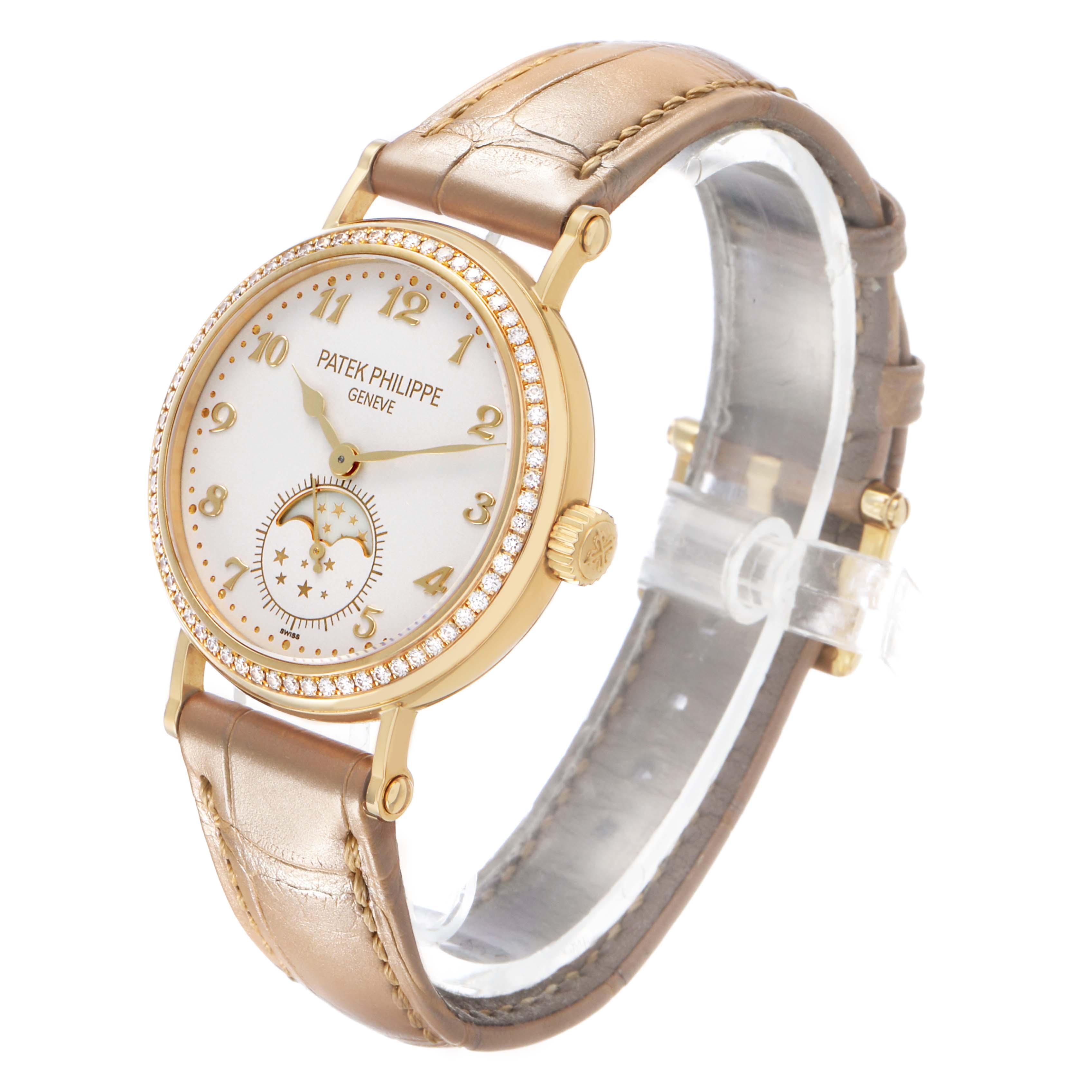 The Patek Philippe Calatrava 7121J-001 Women's Yellow Gold Silver Dial watch is shown at a three-quarter angle, highlighting the face, bezel, and leather strap.