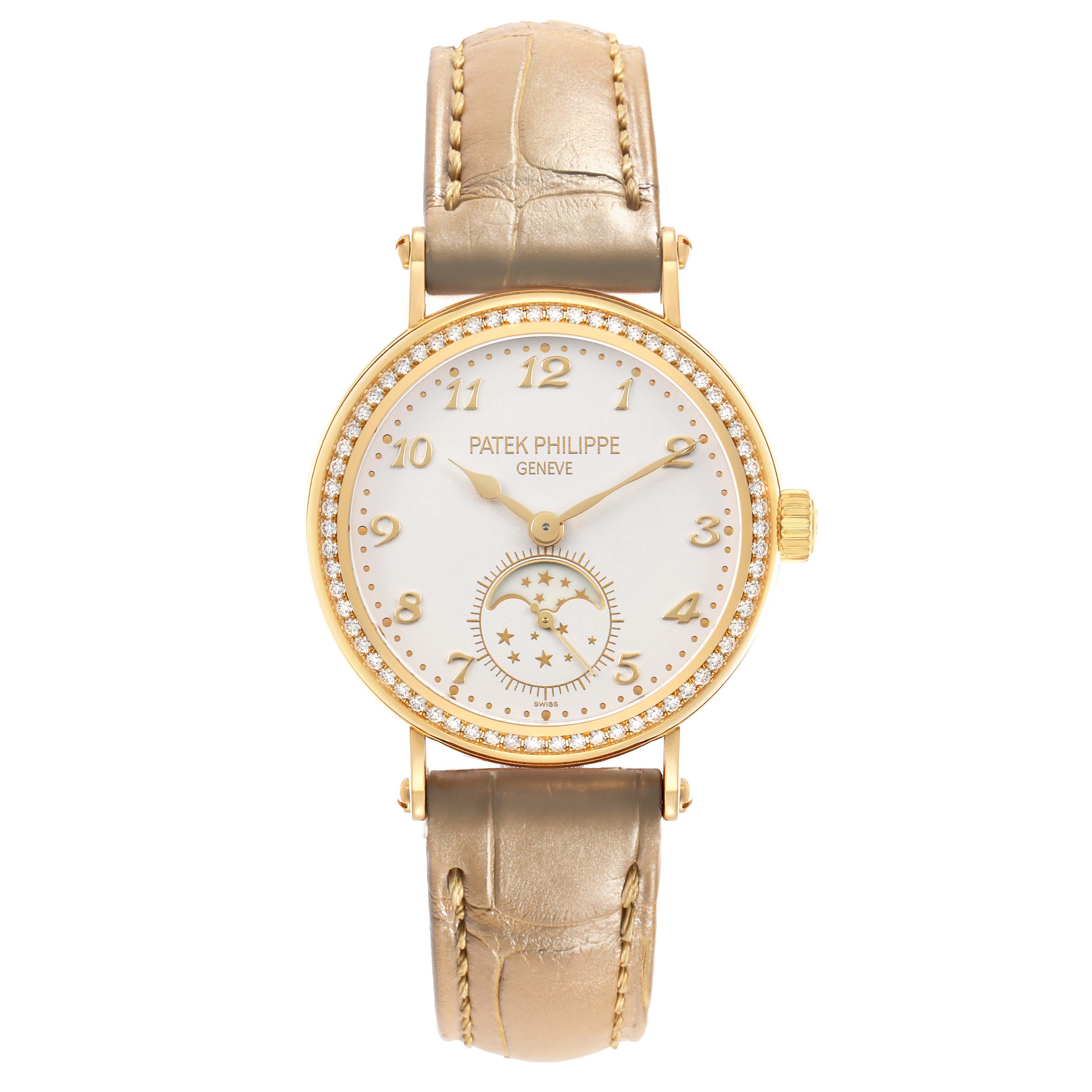The Patek Philippe Calatrava 7121J-001 Women's Yellow Gold Silver Dial watch is shown from a top view, highlighting its face, bezel, strap, and crown.