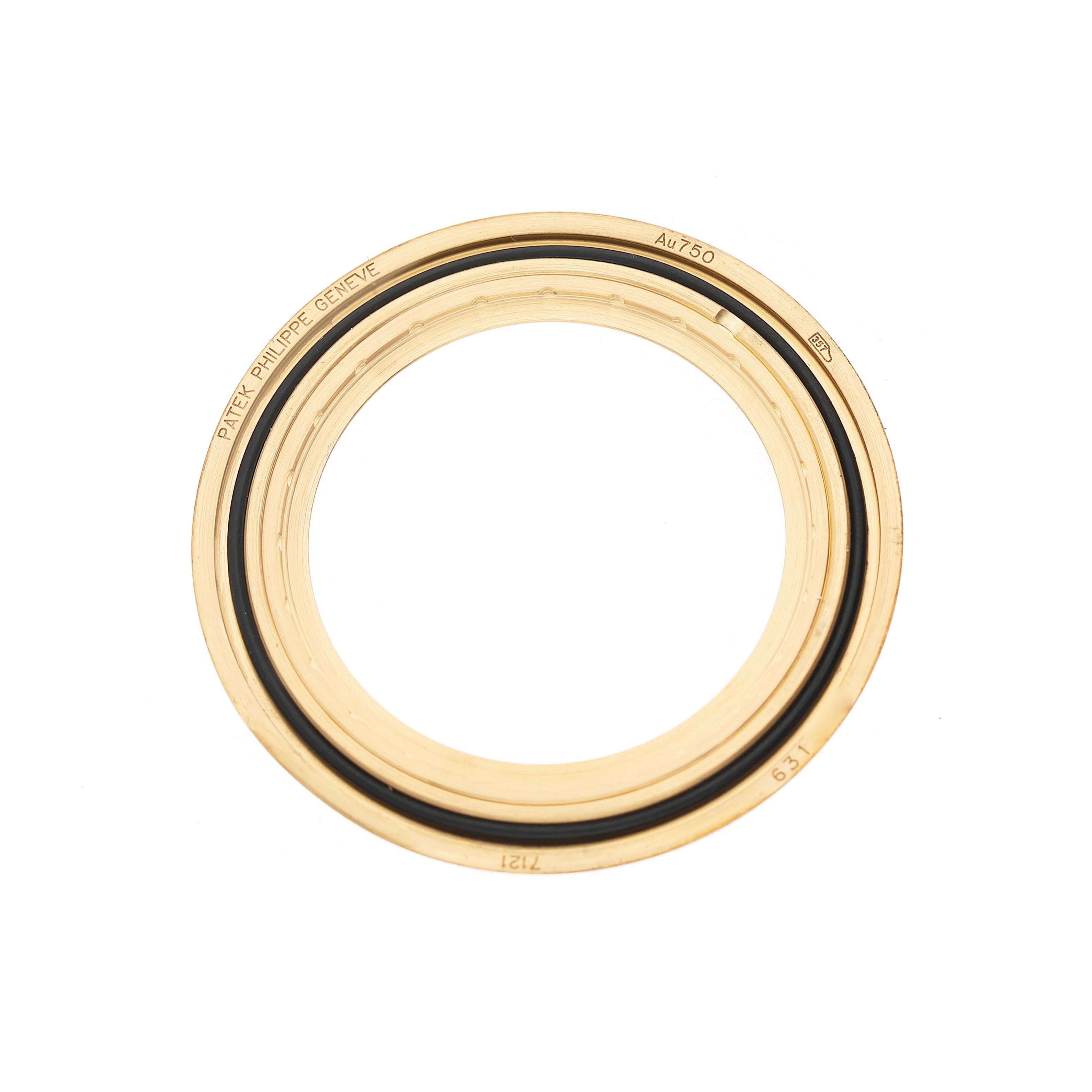 The image shows the gold bezel for a Patek Philippe Calatrava 7121J-001 Women's Yellow Gold Silver Dial watch, viewed from above.