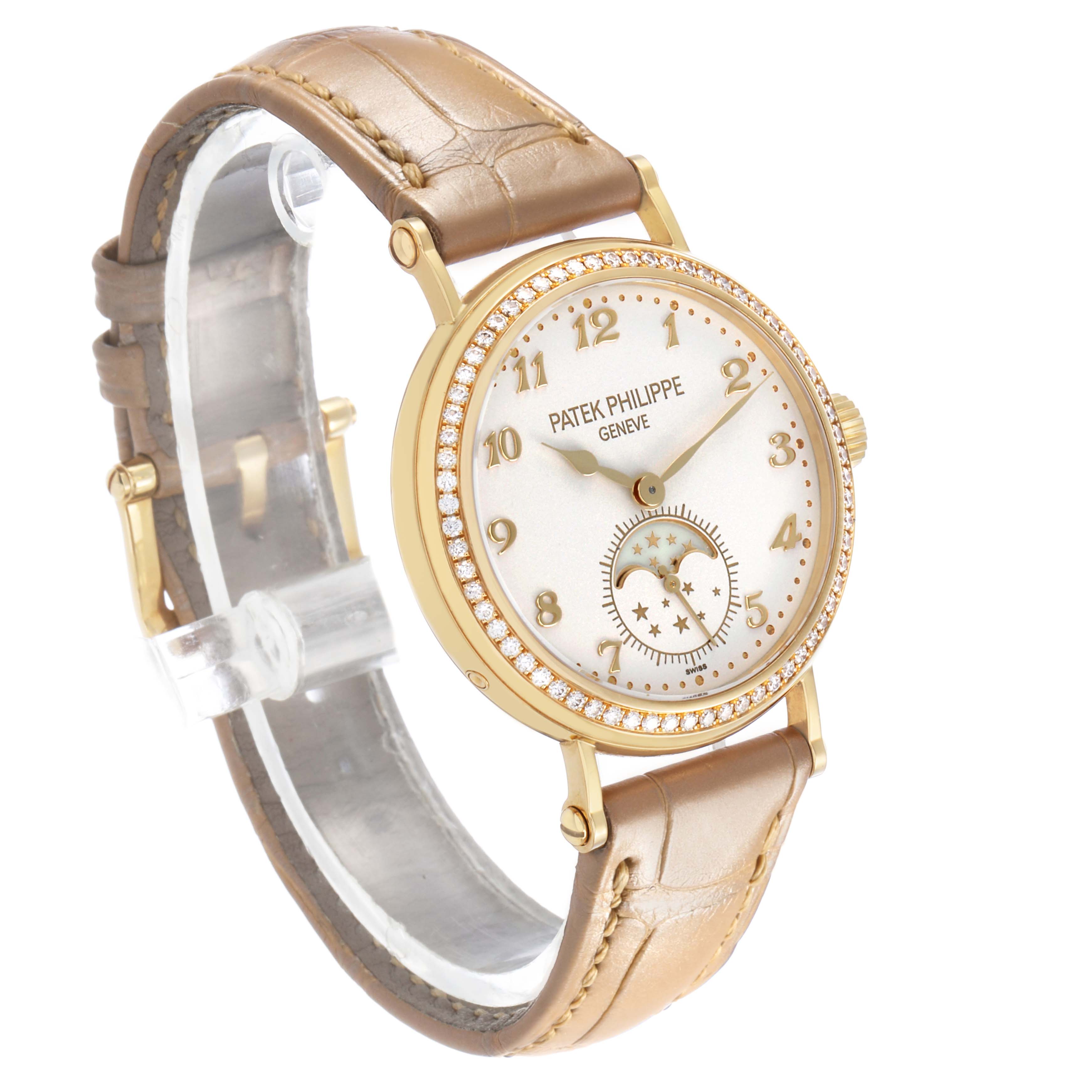 The Patek Philippe Calatrava 7121J-001 Women's Yellow Gold Silver Dial watch is shown at a slight left angle, displaying the face, strap, and side profile.