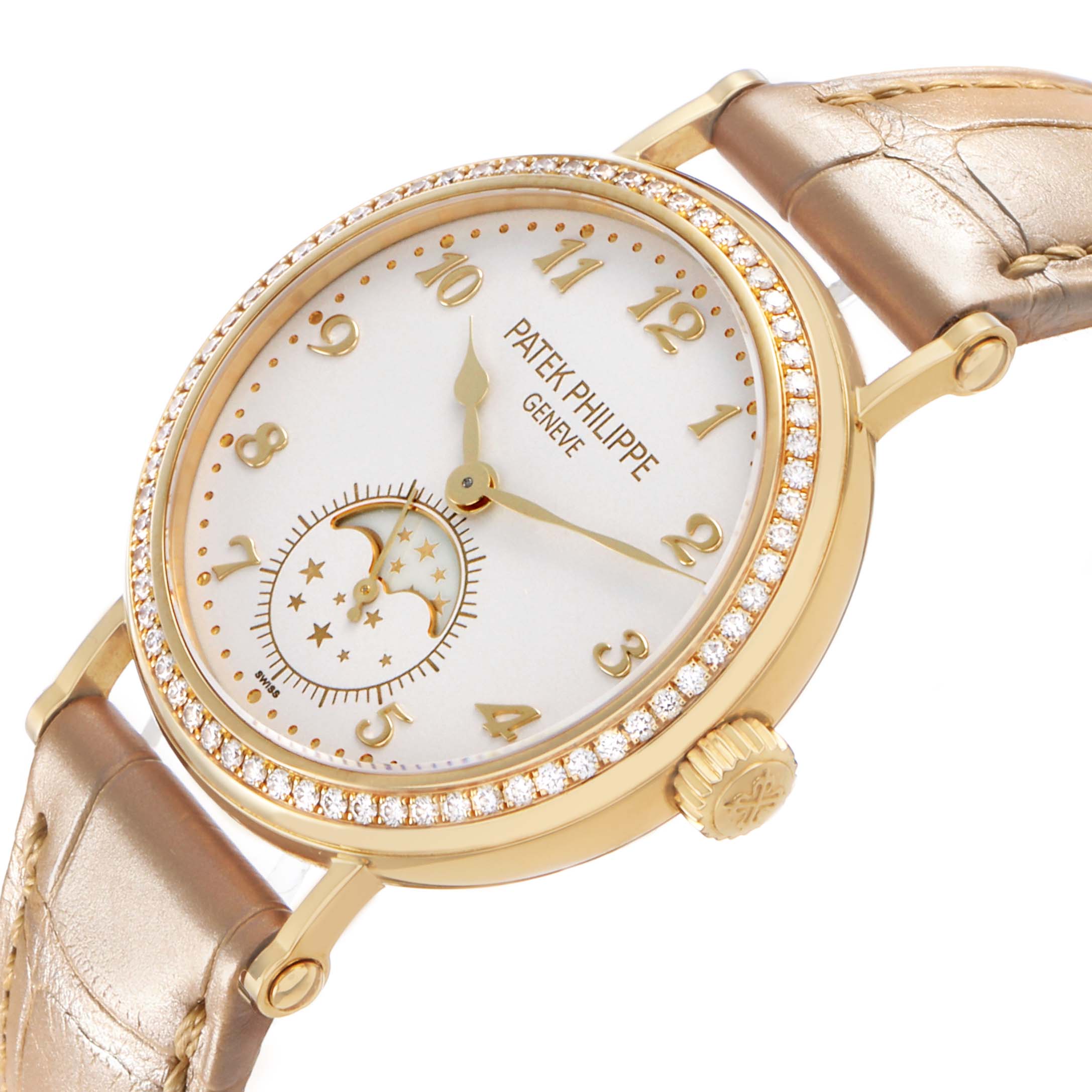The Patek Philippe Calatrava 7121J-001 Women's Yellow Gold Silver Dial is shown at an angled side view, displaying the face, bezel, crown, and part of the strap.