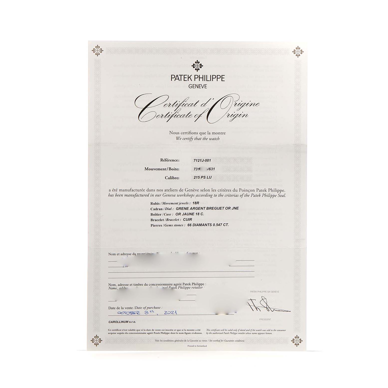 The image shows a Patek Philippe Calatrava 7121J-001 Women's Yellow Gold Silver Dial model Certificate of Origin, viewed flat.