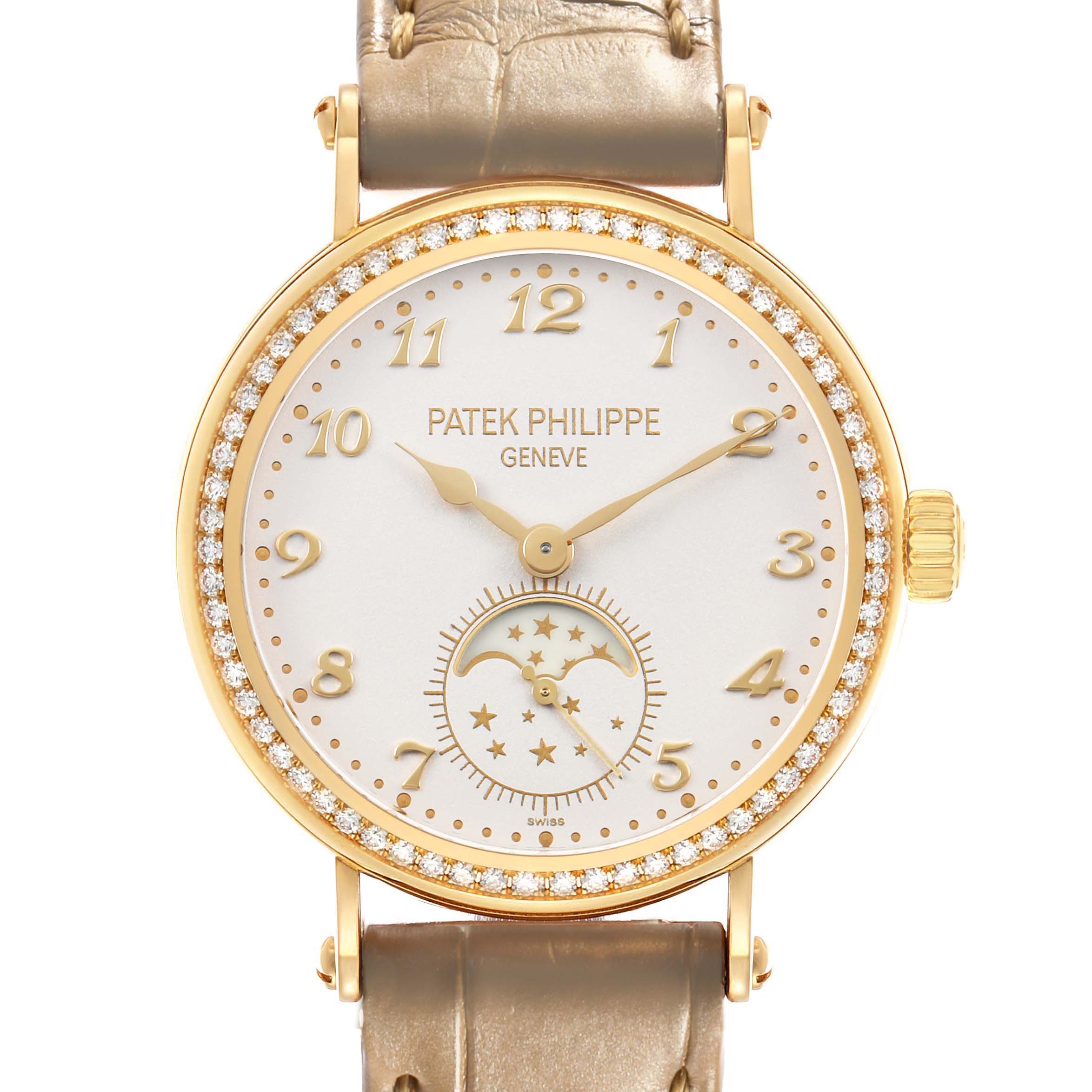 The image shows a front view of a Patek Philippe Calatrava 7121J-001 Women's Yellow Gold Silver Dial watch, featuring a round dial, diamond bezel, and leather strap.