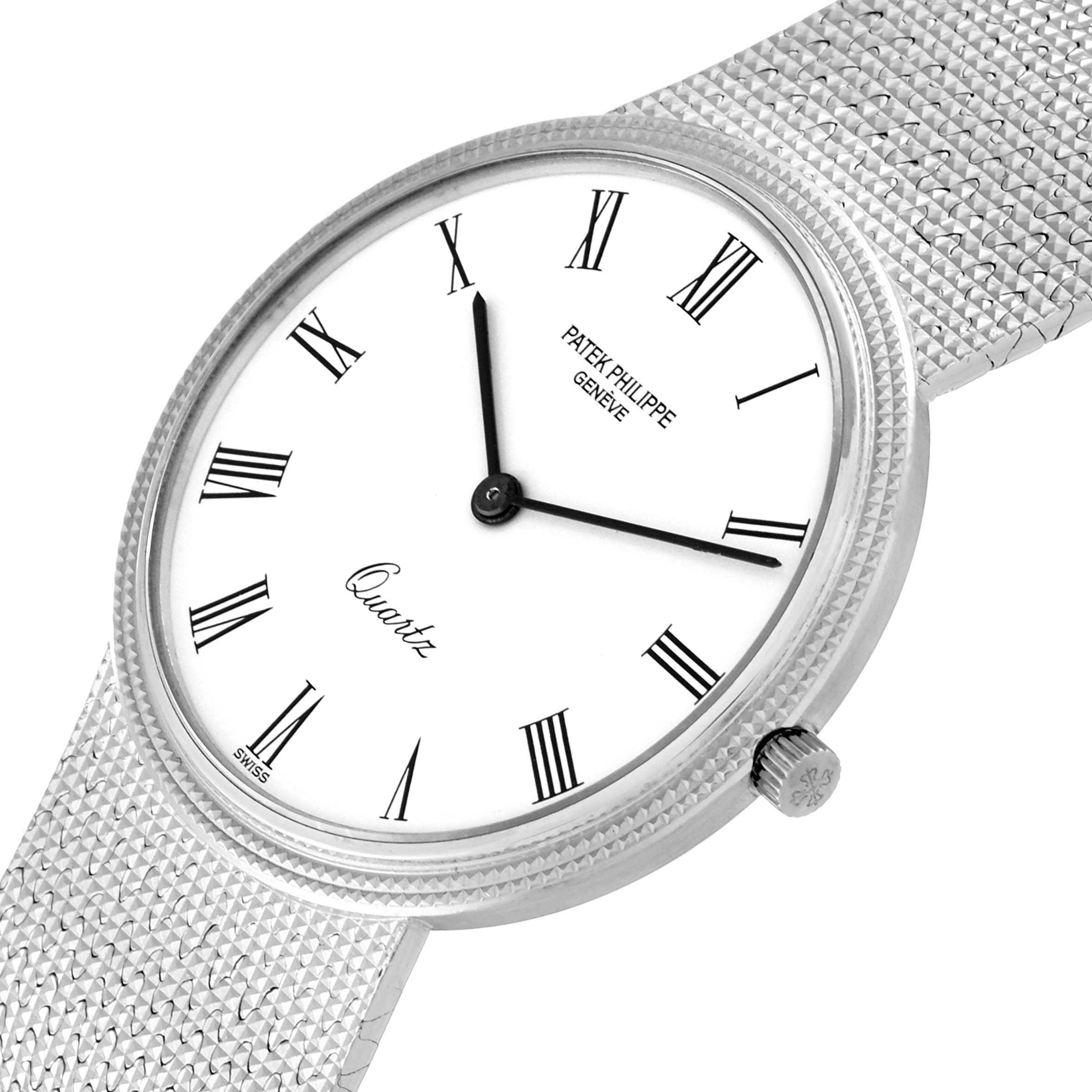 This image shows a close-up of the Patek Philippe Calatrava 3744/1G Men's White Gold White Dial 3744/1G Men's White Gold White Dial watch face and a portion of its band at an oblique angle.