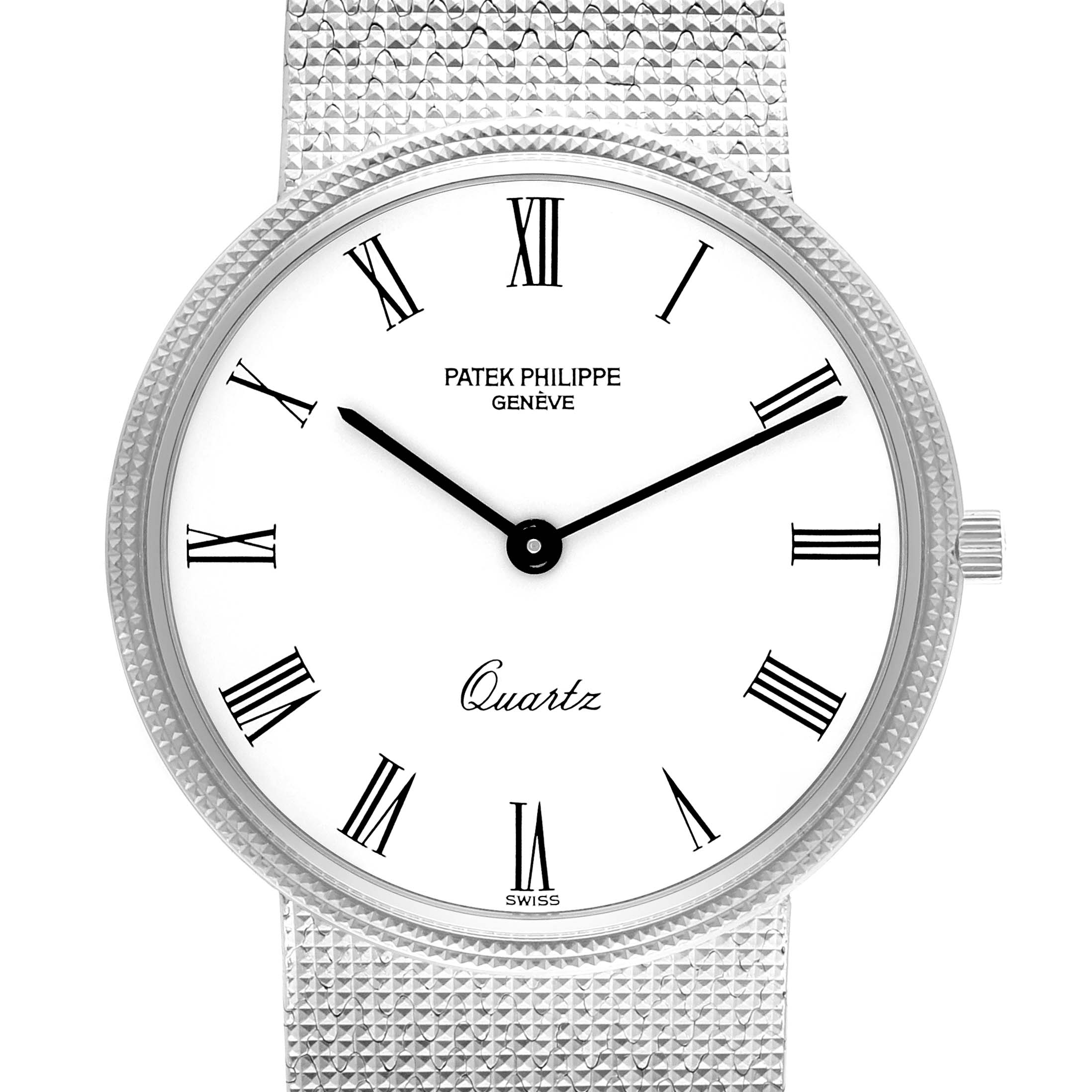 The image shows a front view of a Patek Philippe Calatrava 3744/1G Men's White Gold White Dial 3744/1G Men's White Gold White Dial watch, highlighting its dial, hands, and part of the mesh strap.