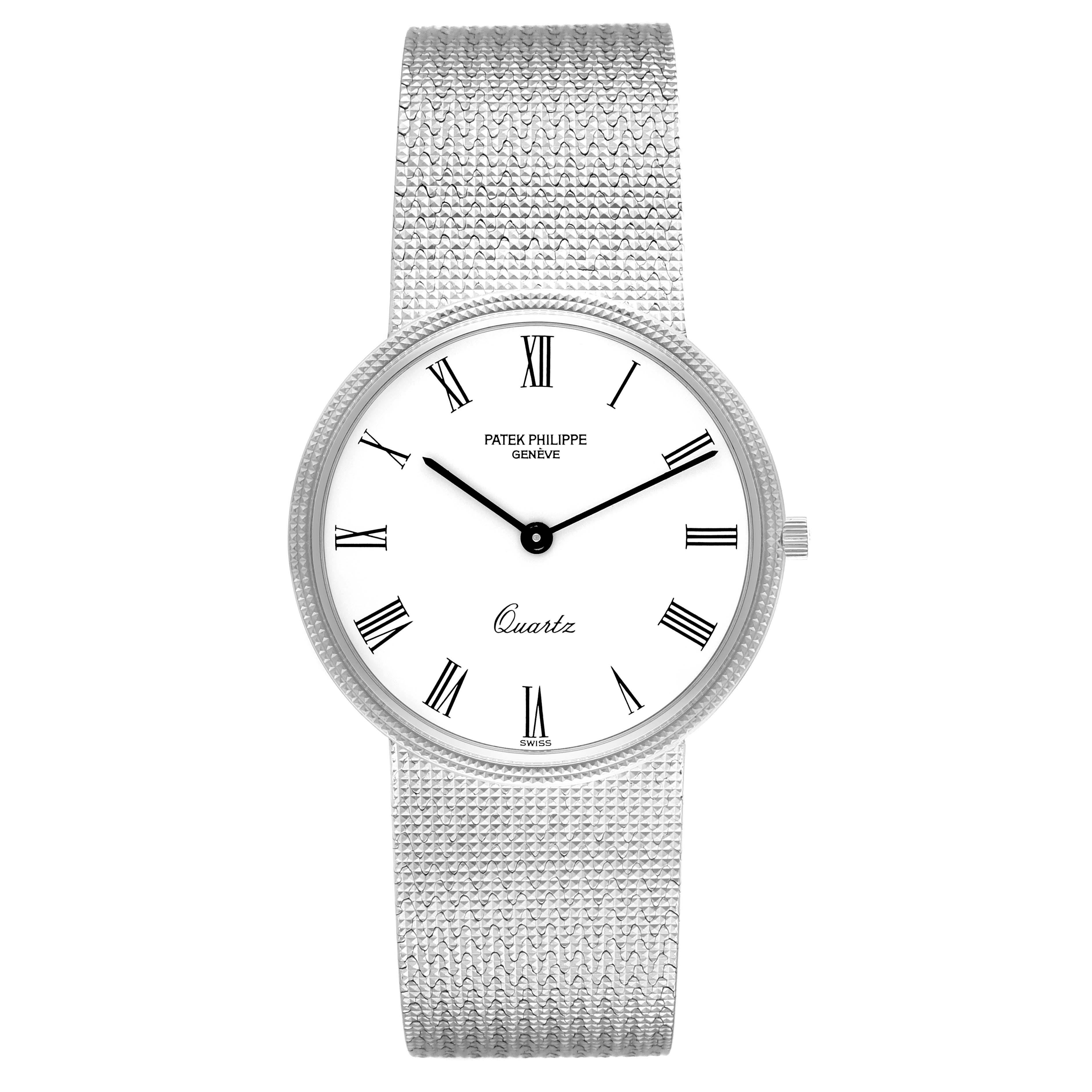 This image shows a front view of the Patek Philippe Calatrava 3744/1G Men's White Gold White Dial 3744/1G Men's White Gold White Dial watch, highlighting its dial, hands, and woven bracelet.
