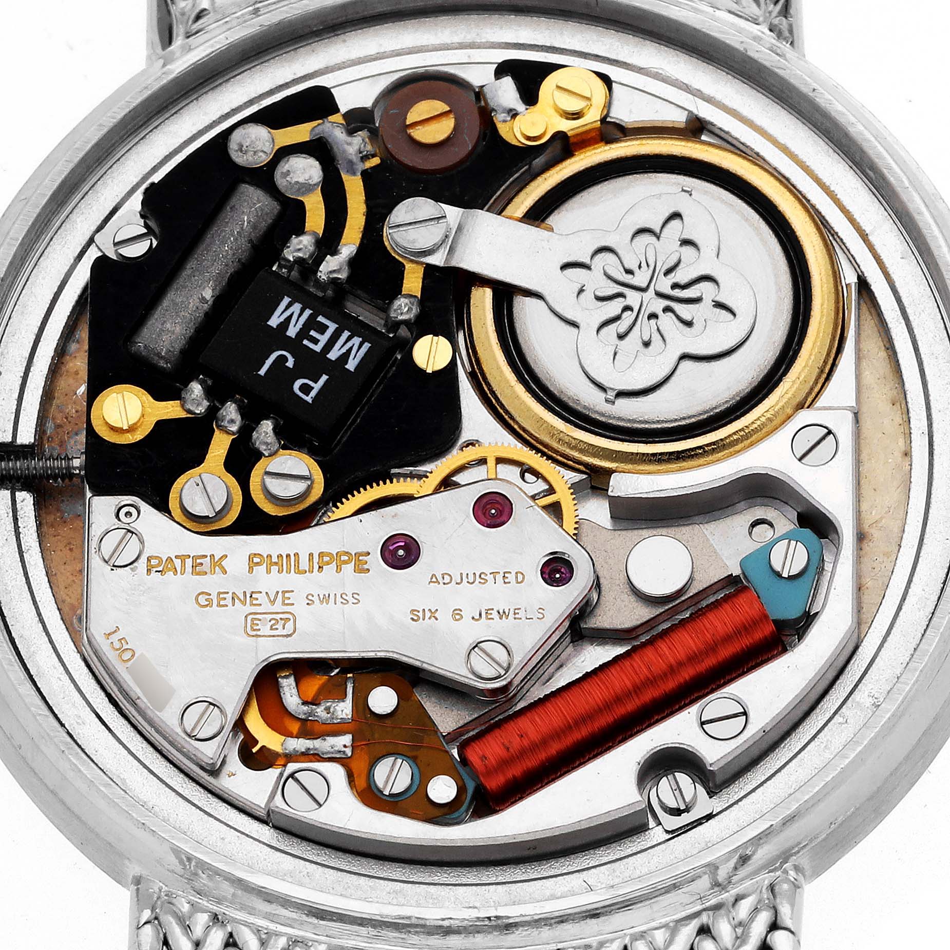The image shows the internal mechanics of a Patek Philippe Calatrava 3744/1G Men's White Gold White Dial 3744/1G Men's White Gold White Dial watch from a close-up, top-down angle.