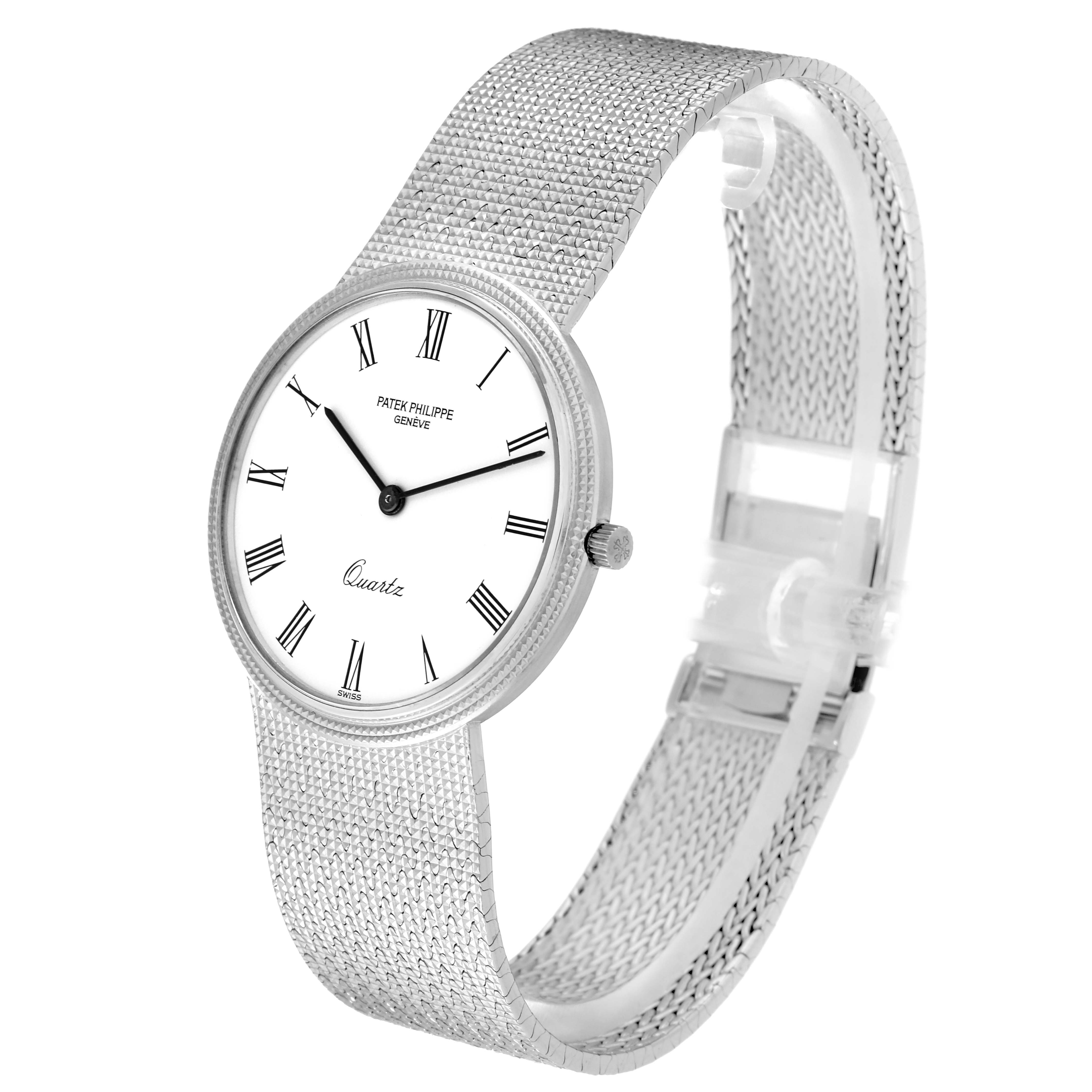 The image shows a Patek Philippe Calatrava 3744/1G Men's White Gold White Dial 3744/1G Men's White Gold White Dial watch from a side angle, displaying the face, lugs, crown, and metal bracelet.