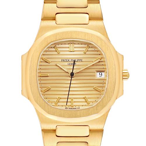 The image shows a frontal view of a Patek Philippe Nautilus 3900/1J Women's Yellow Gold Champagne Dial, highlighting the dial, bracelet, and case.