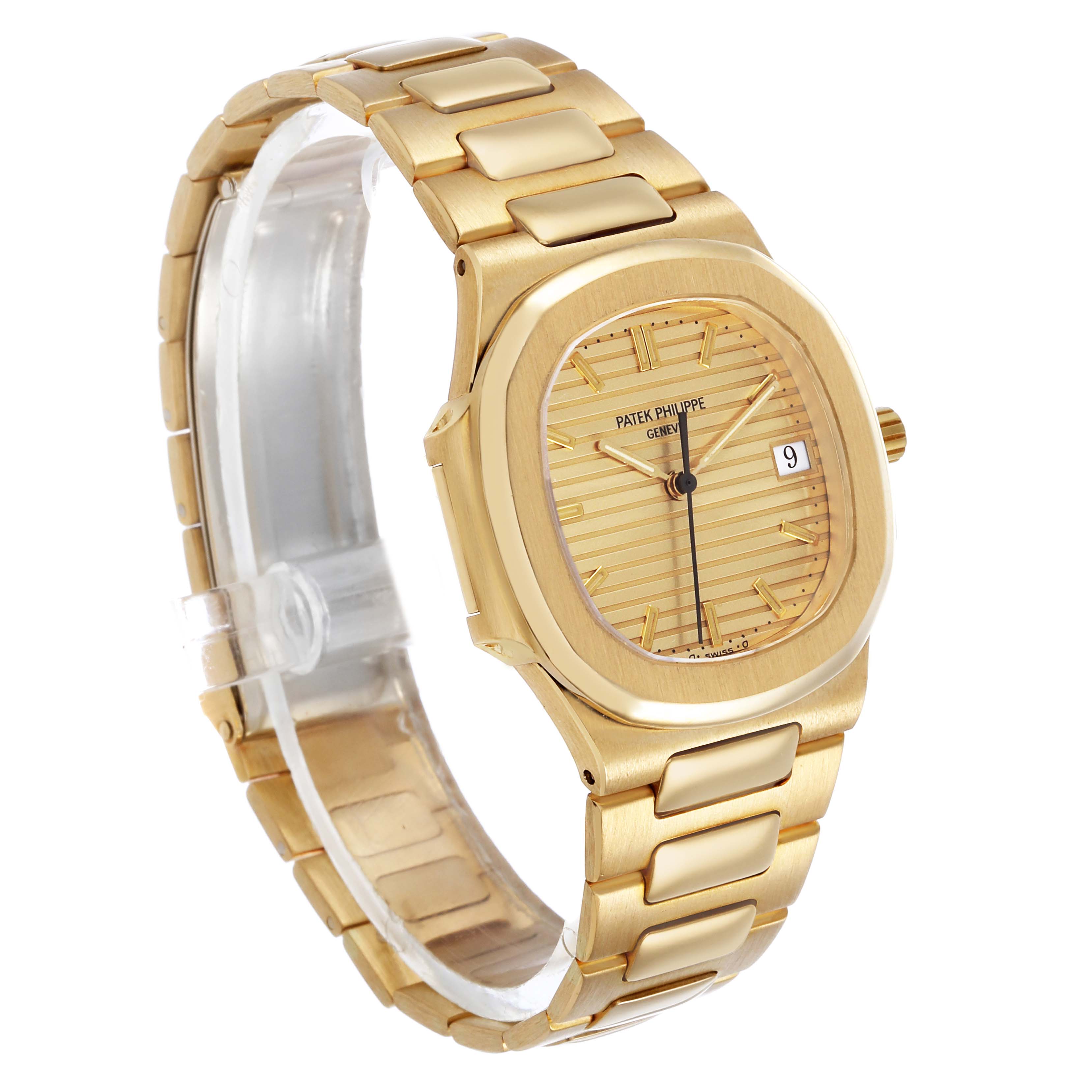 The image shows a Patek Philippe Nautilus 3900/1J Women's Yellow Gold Champagne Dial watch at a three-quarter angle, highlighting the golden case, bracelet, and dial.
