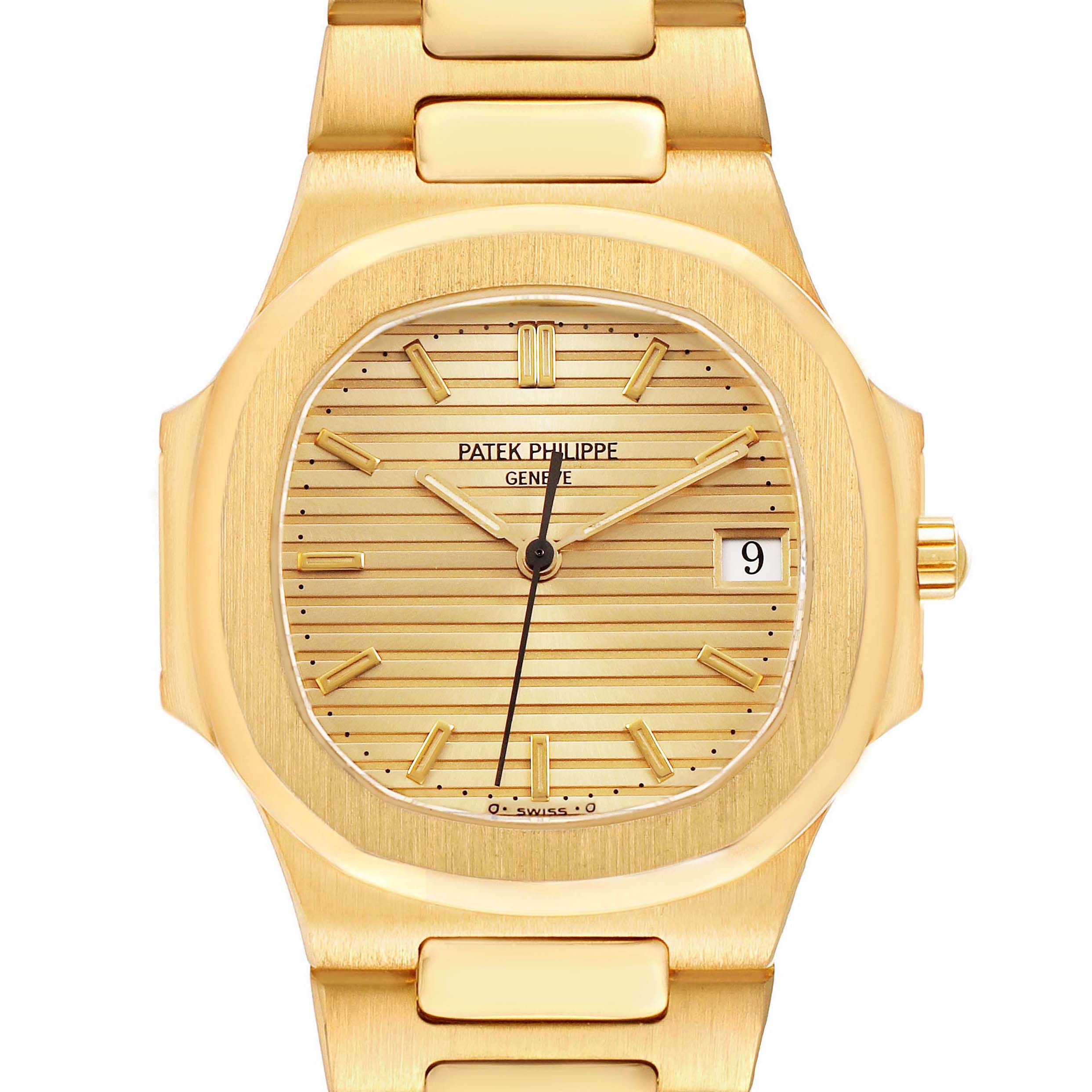 The image shows a front view of the Patek Philippe Nautilus 3900/1J Women's Yellow Gold Champagne Dial watch, highlighting its face, date window, and part of the bracelet.