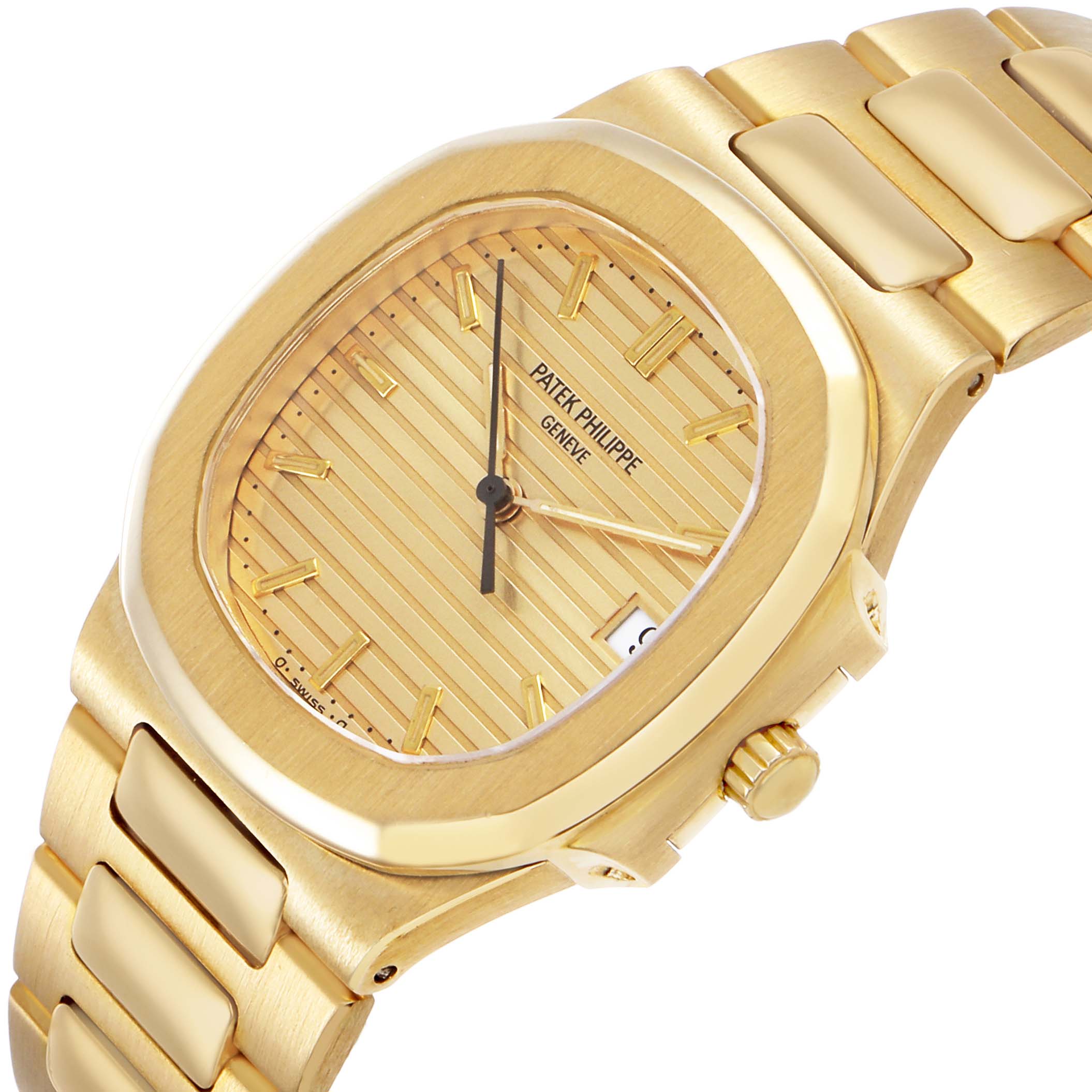 The image shows a Patek Philippe Nautilus 3900/1J Women's Yellow Gold Champagne Dial watch at a three-quarter angle, highlighting the gold dial, bezel, crown, and bracelet.