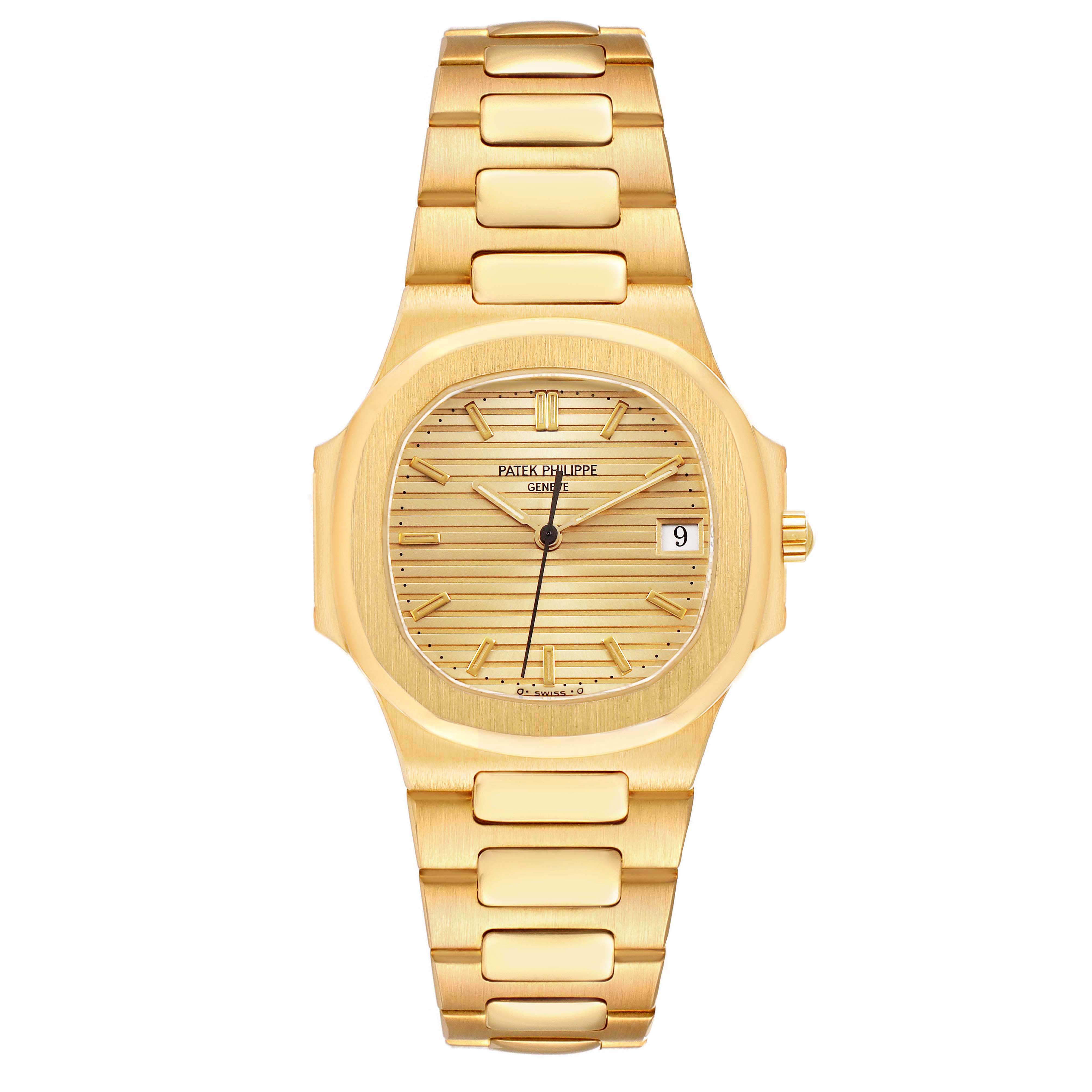 The Patek Philippe Nautilus 3900/1J Women's Yellow Gold Champagne Dial watch is shown from the front, displaying the dial, bezel, bracelet, and date window.
