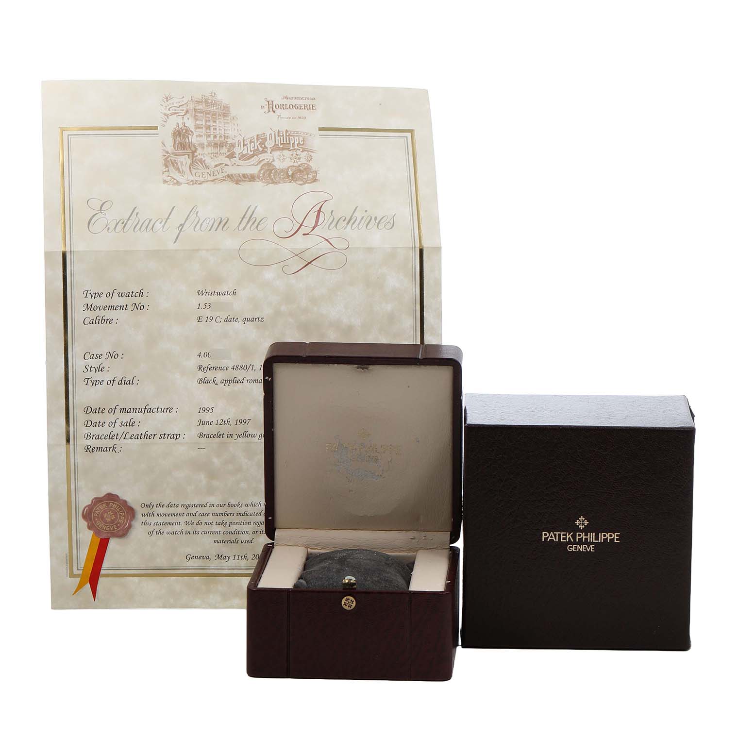 The image shows a Patek Philippe Neptune 4880/1JA Women's Steel and Gold (two tone) Black Dial model's open watch box with a certificate and outer box.