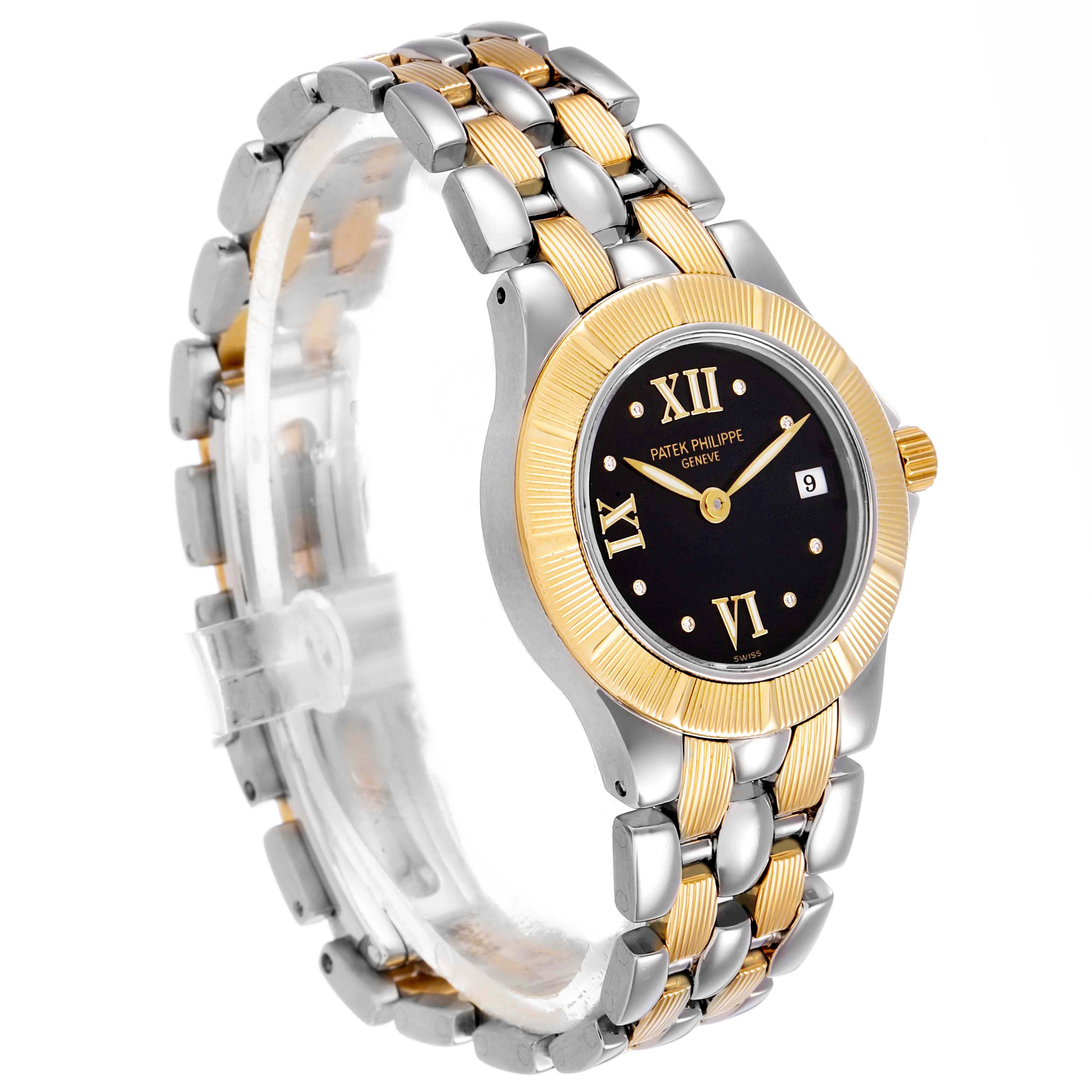 The Patek Philippe Neptune 4880/1JA Womens Steel and Gold (two tone) Black Dial watch is shown at a three-quarter angle, highlighting the bezel, dial, and two-tone bracelet.