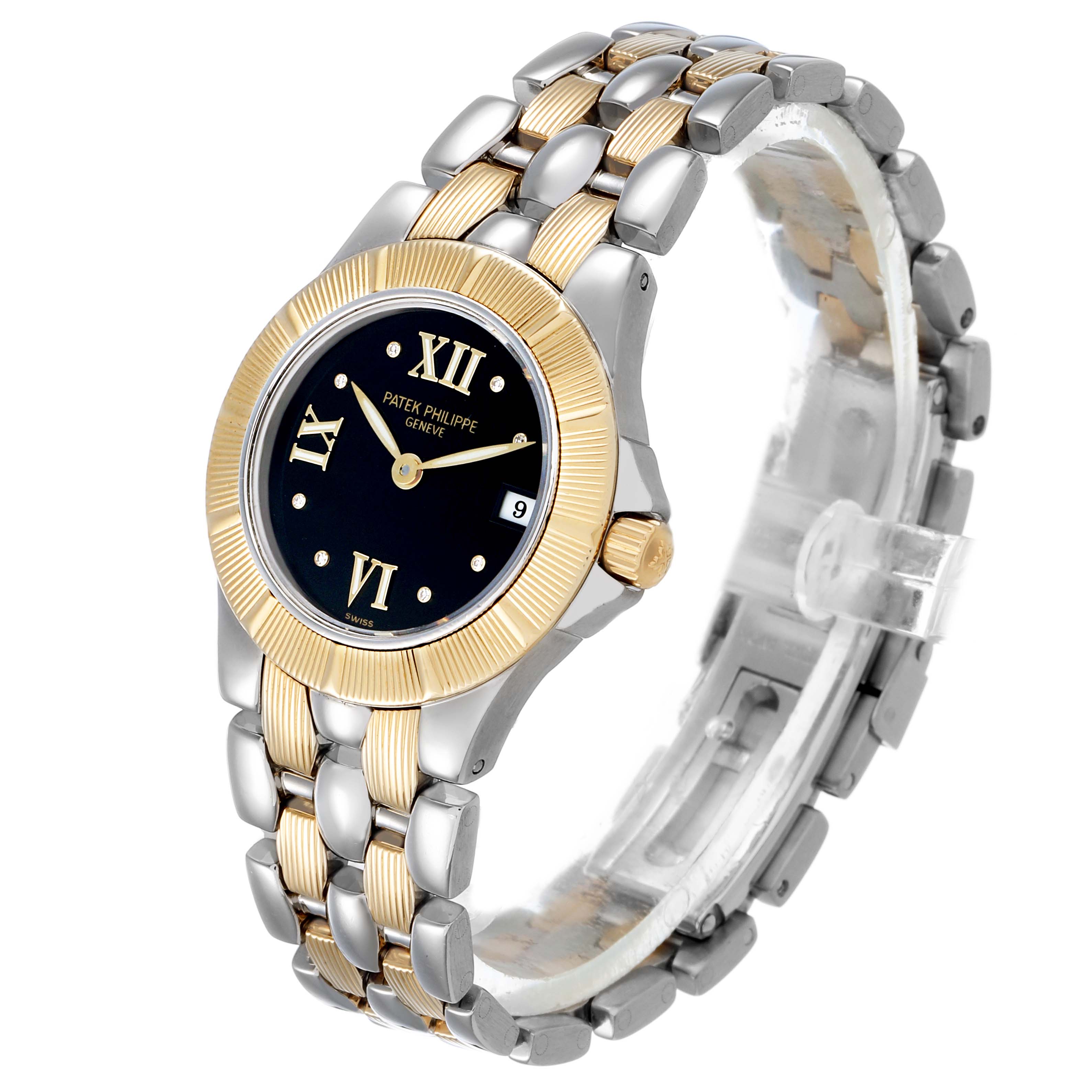 The Patek Philippe Neptune 4880/1JA Women's Steel and Gold (two tone) Black Dial watch is shown at a three-quarter angle, highlighting its dual-tone bracelet, black dial, and gold bezel.