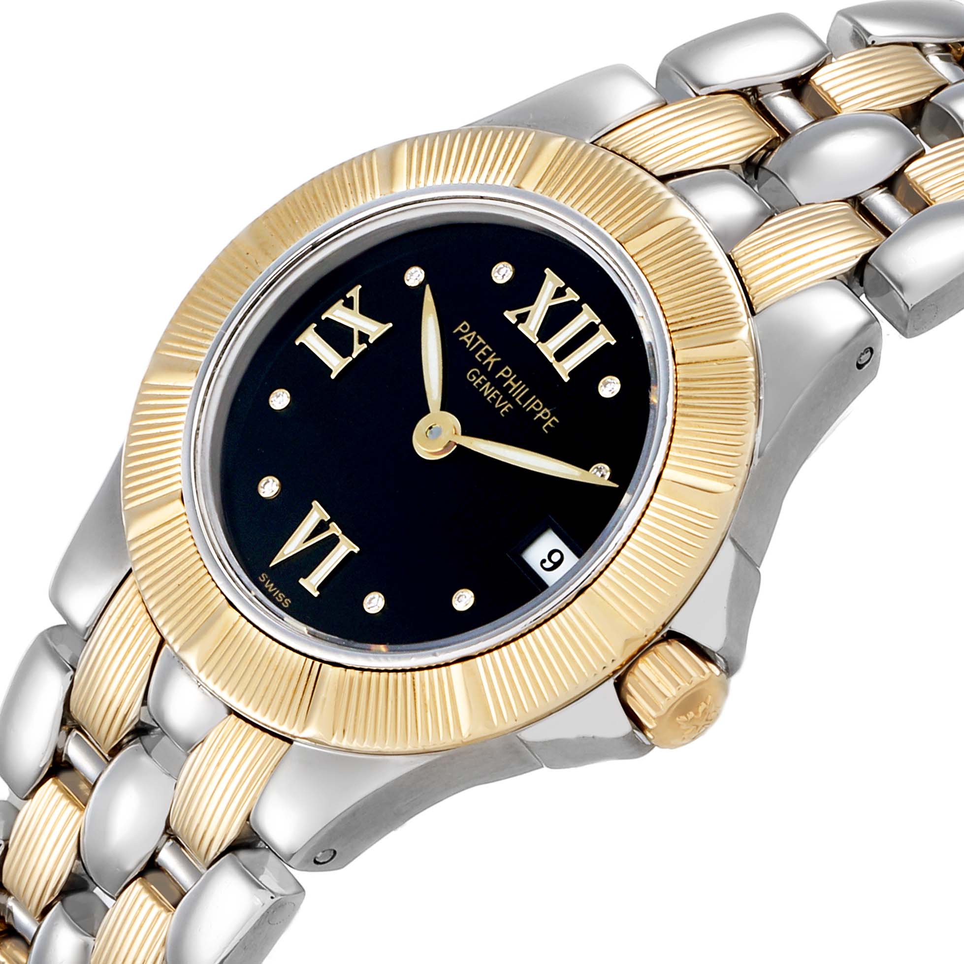 The Patek Philippe Neptune 4880/1JA Women's Steel and Gold (two tone) Black Dial watch is shown at an angle highlighting the gold and silver bezel, Roman numeral dial, and part of the bracelet.