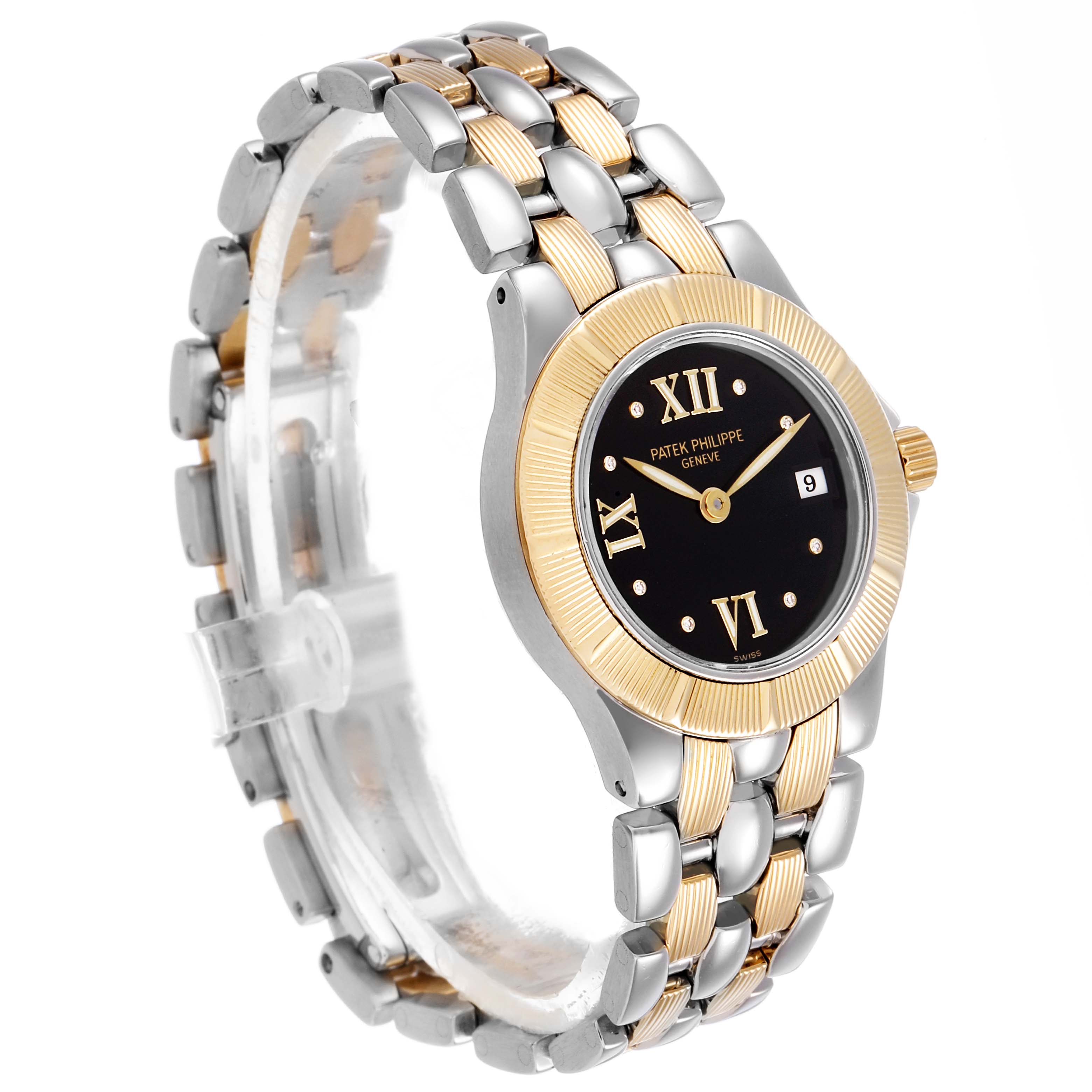 The Patek Philippe Neptune 4880/1JA Women's Steel and Gold (two tone) Black Dial watch is shown from a side angle, displaying its two-tone bracelet, black dial, and gold bezel.