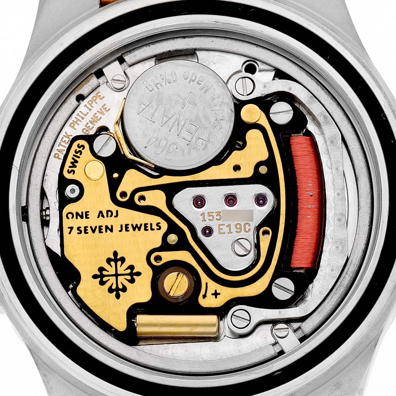 The image shows the back view of a Patek Philippe Neptune 4880/1JA Women's Steel and Gold (two tone) Black Dial model, highlighting its movement and battery details.