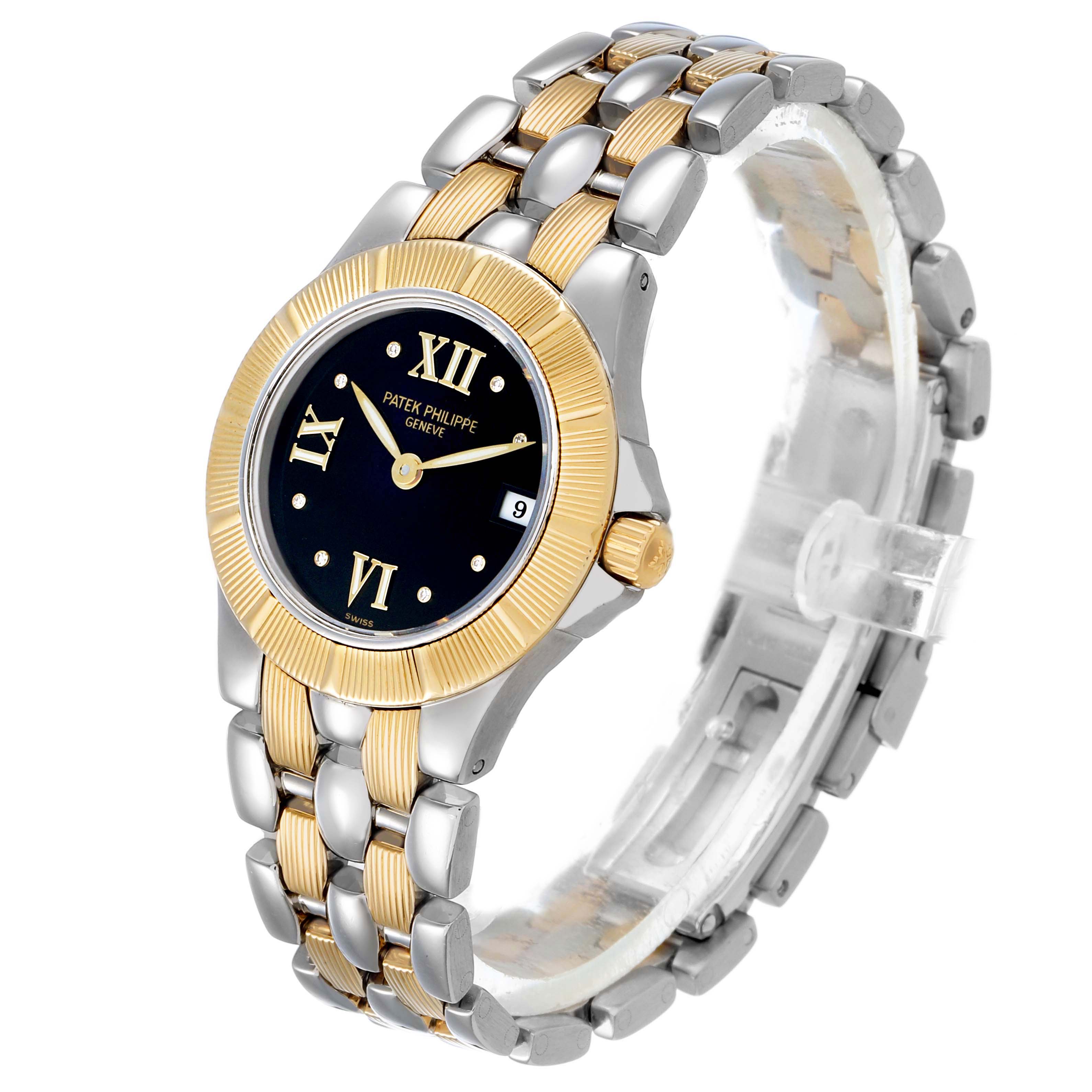 The Patek Philippe Neptune 4880/1JA Womens Steel and Gold (two tone) Black Dial watch is shown at a slight angle, displaying its gold and silver bracelet, black dial, and Roman numerals.