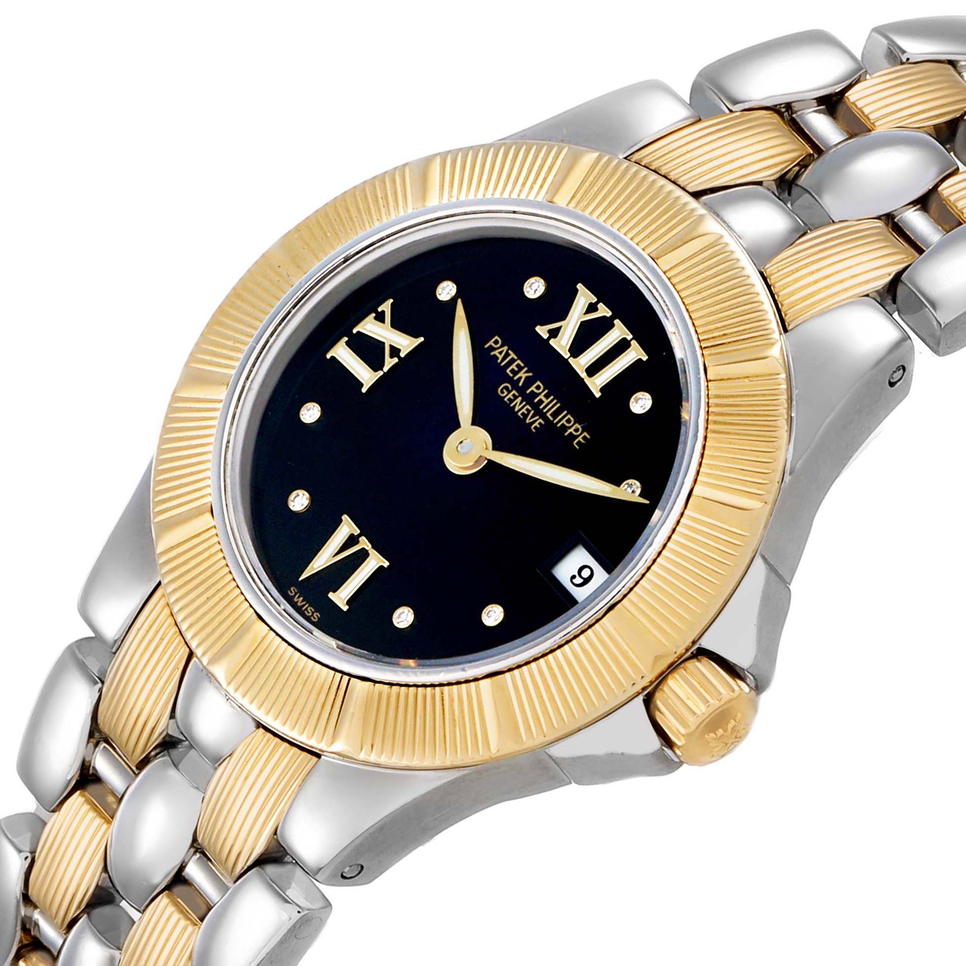 The Patek Philippe Neptune 4880/1JA Womens Steel and Gold (two tone) Black Dial watch is shown at an angled top view, highlighting its gold and silver bracelet, black dial, and gold bezel.