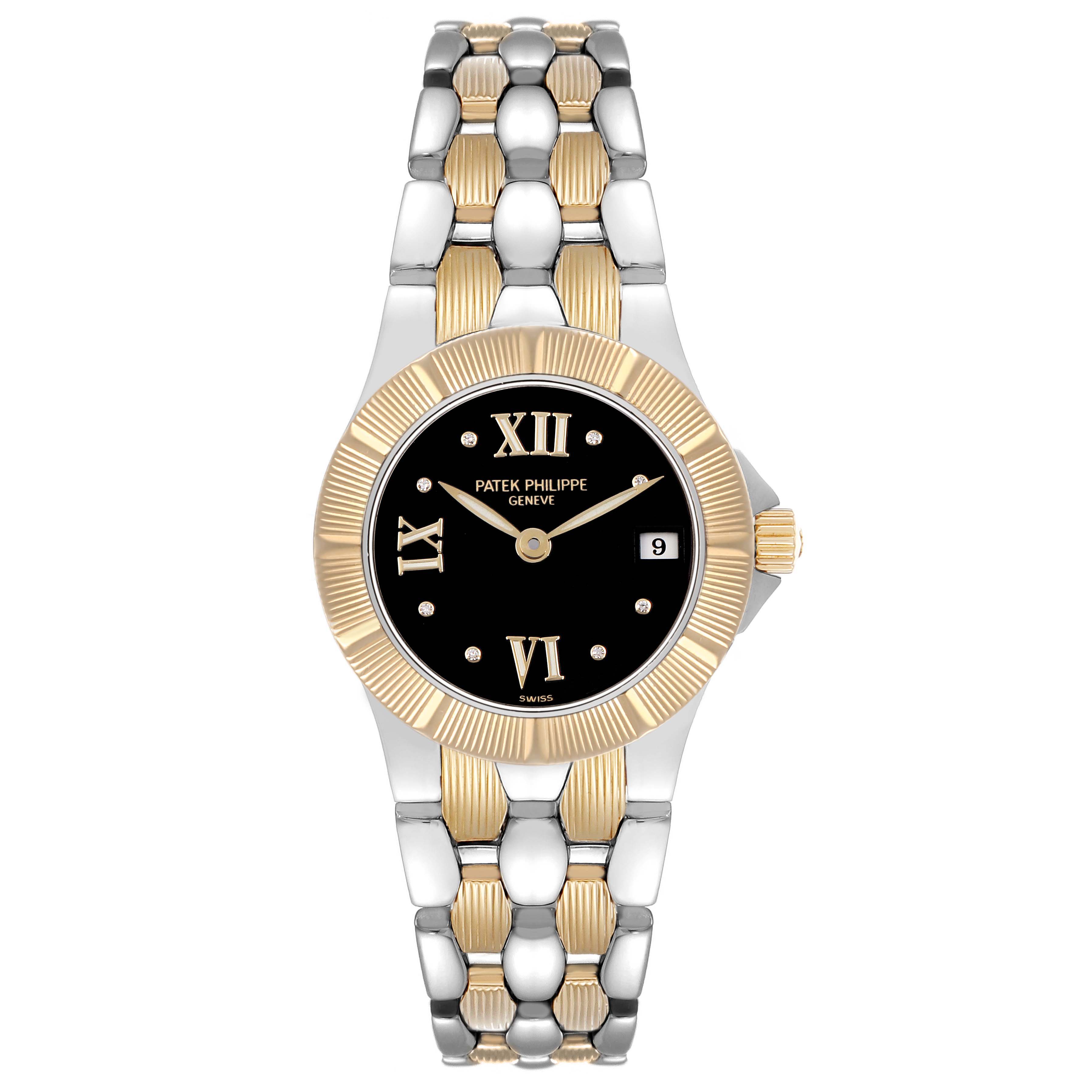 The Patek Philippe Neptune 4880/1JA Women's Steel and Gold (two tone) Black Dial watch is shown from a top view, displaying the face, bezel, and bracelet.