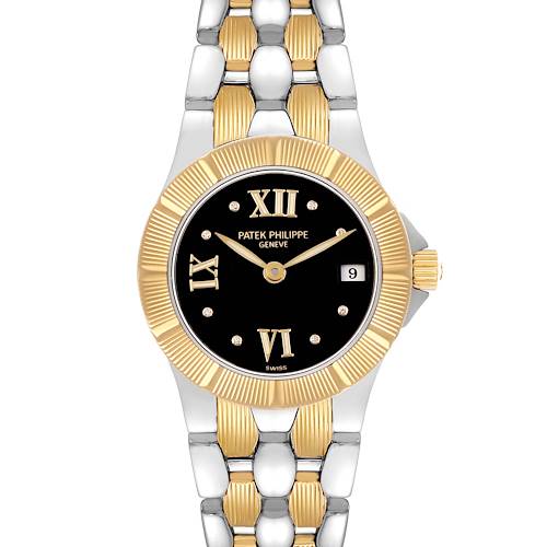 The Patek Philippe Neptune 4880/1JA Women's Steel and Gold (two tone) Black Dial watch is shown from a front angle, highlighting its black dial, gold bezel, and two-tone bracelet.