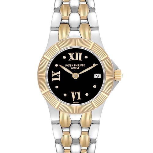 The Patek Philippe Neptune 4880/1JA Women's Steel and Gold (two tone) Black Dial watch is shown from a front view, highlighting its black dial, gold bezel, and two-tone bracelet.