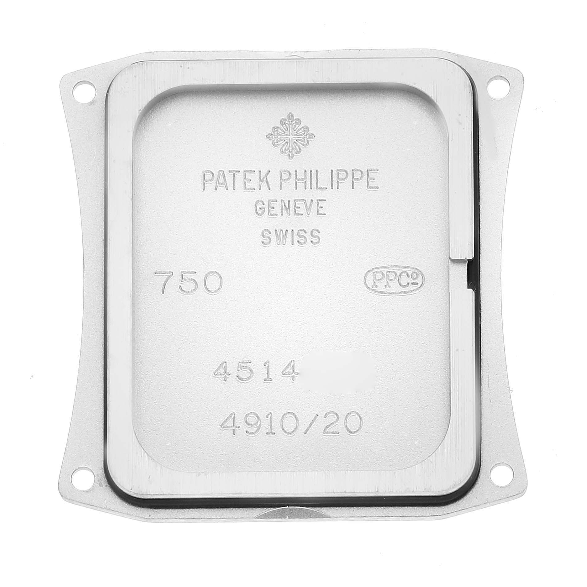 The image shows the back cover of a Patek Philippe Twenty-4 4910/20 Women's White Gold Grey Dial 4910/20 Women's White Gold Grey Dial model watch.