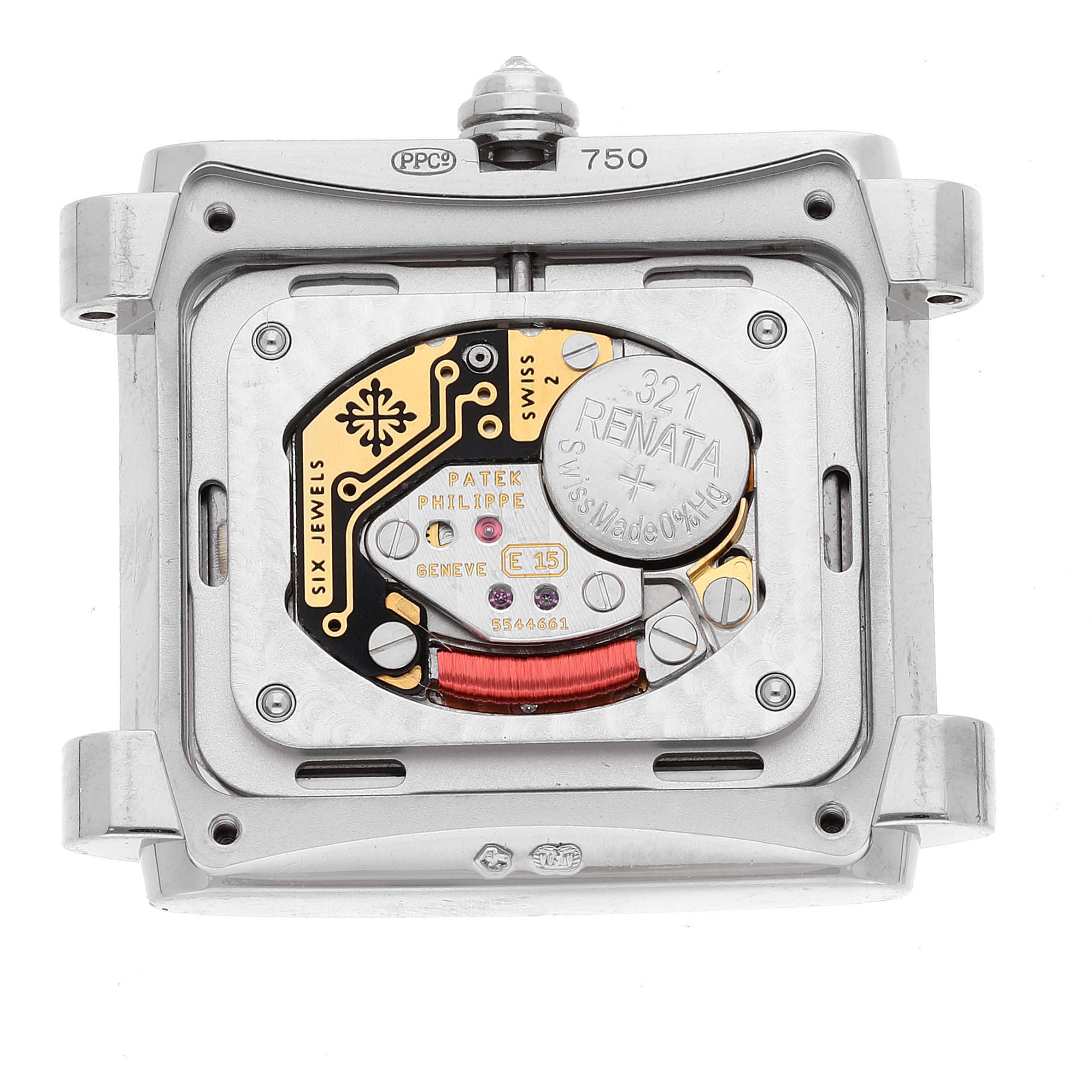 The image shows the back view of the Patek Philippe Twenty-4 4910/20 Women's White Gold Grey Dial 4910/20 Women's White Gold Grey Dial watch, revealing its internal mechanism and components.