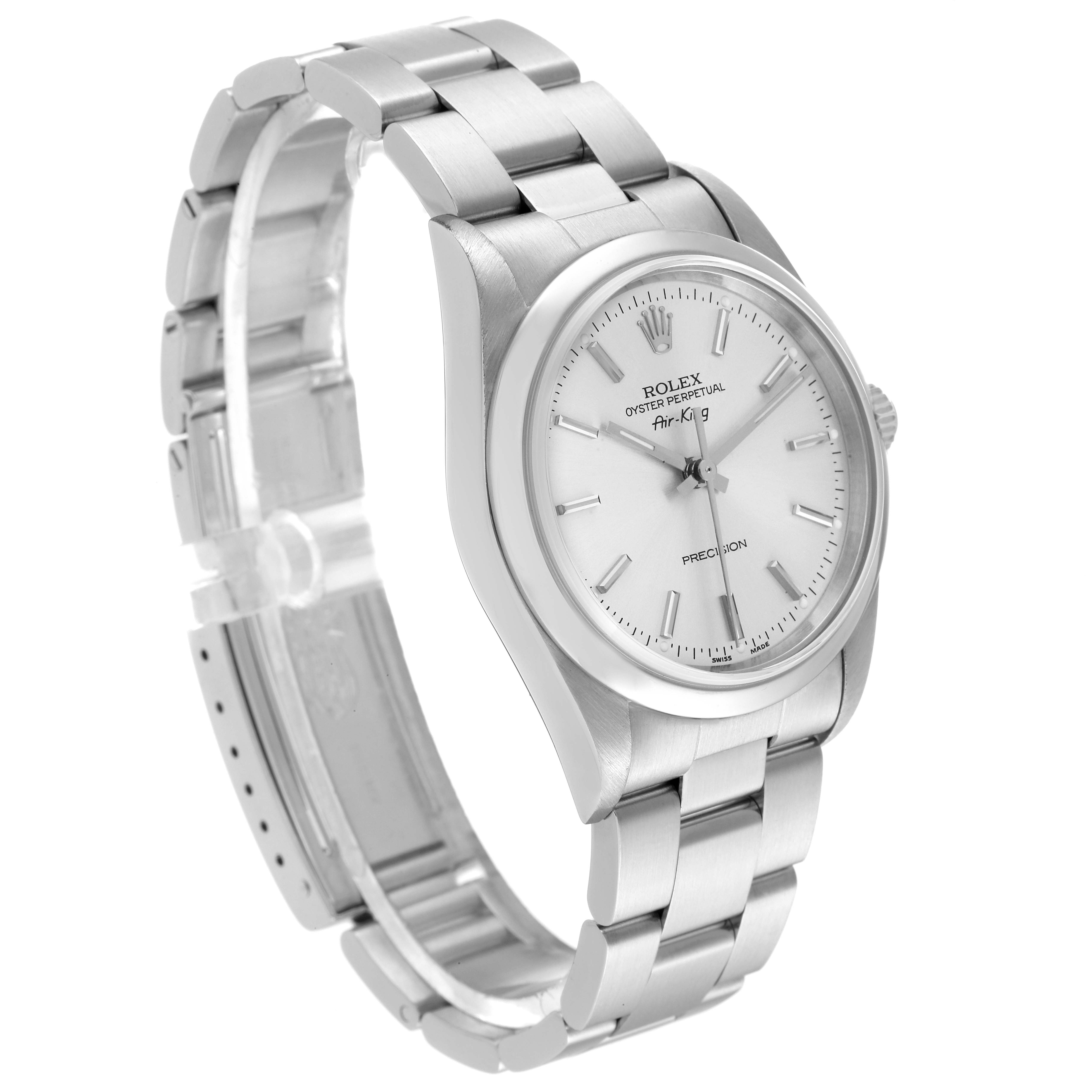 This image shows a side and front angle of the Rolex Air-King 14000 Men's Stainless Steel Silver Dial 14000 Men's Stainless Steel Silver Dial watch, highlighting the bracelet, case, and dial.