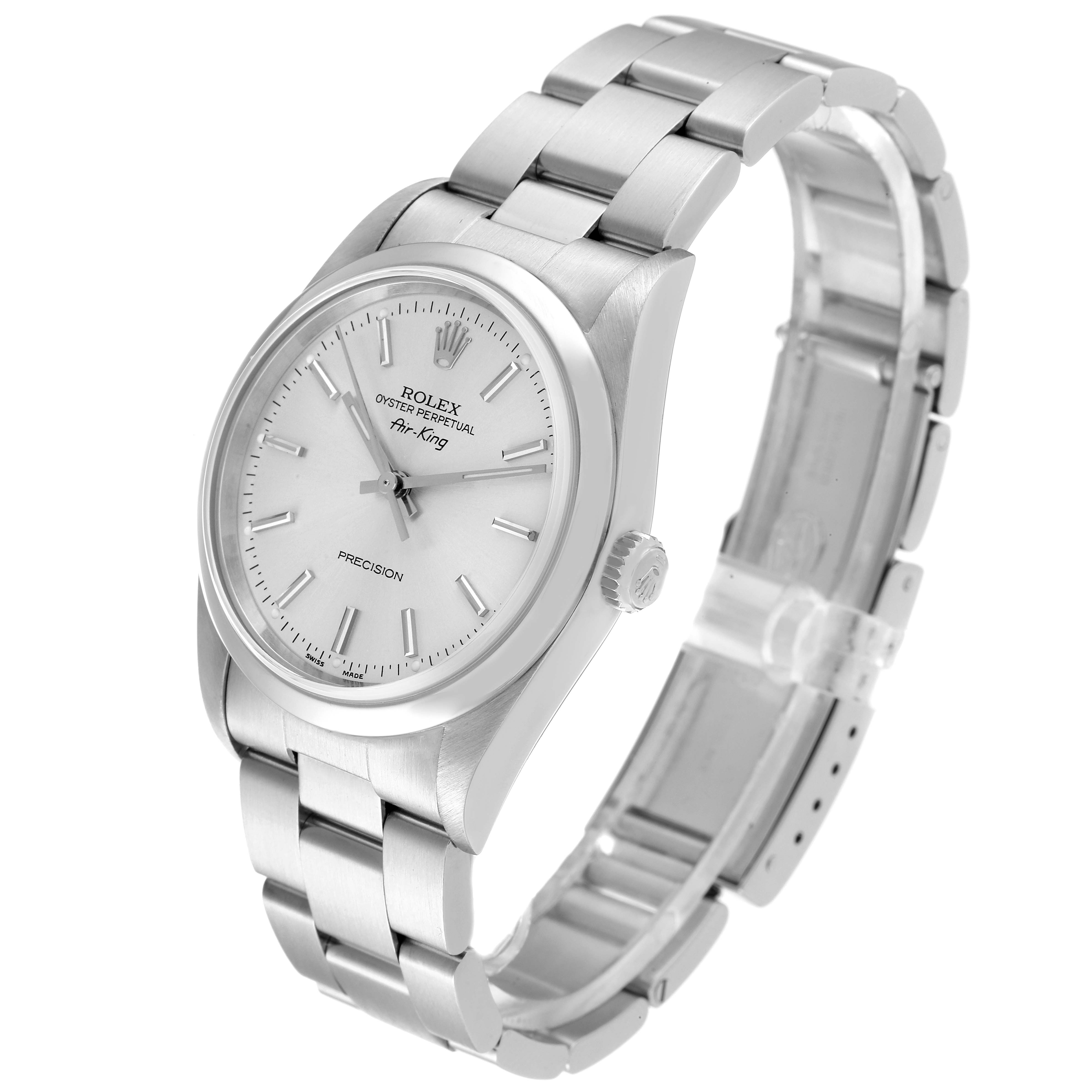 The Rolex Air-King 14000 Men's Stainless Steel Silver Dial 14000 Men's Stainless Steel Silver Dial watch is angled slightly from the front-right, showing the dial, bracelet, and crown.