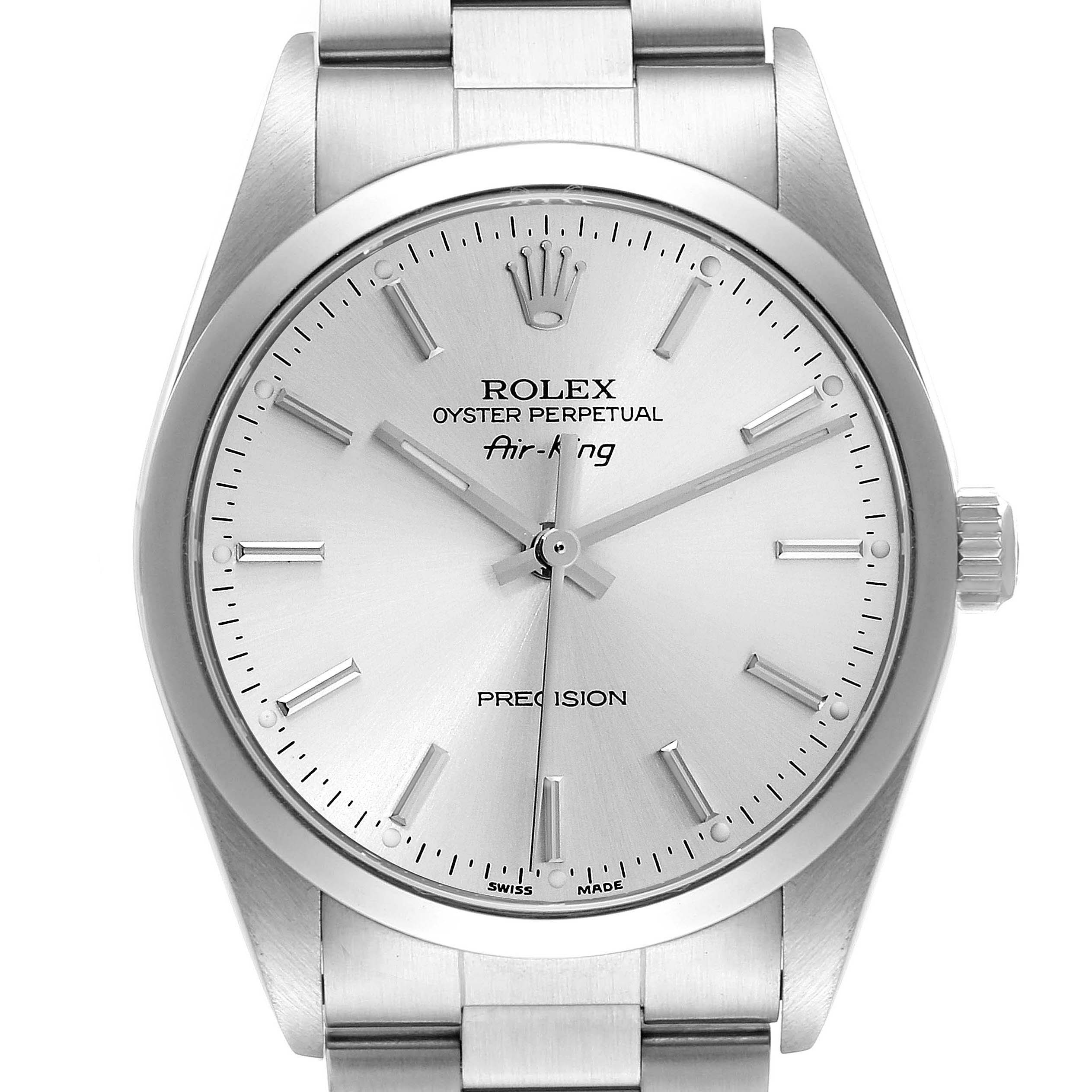 The image shows a front view of the Rolex Air-King 14000 Men's Stainless Steel Silver Dial 14000 Men's Stainless Steel Silver Dial watch, highlighting its dial, hands, crown, and bracelet.
