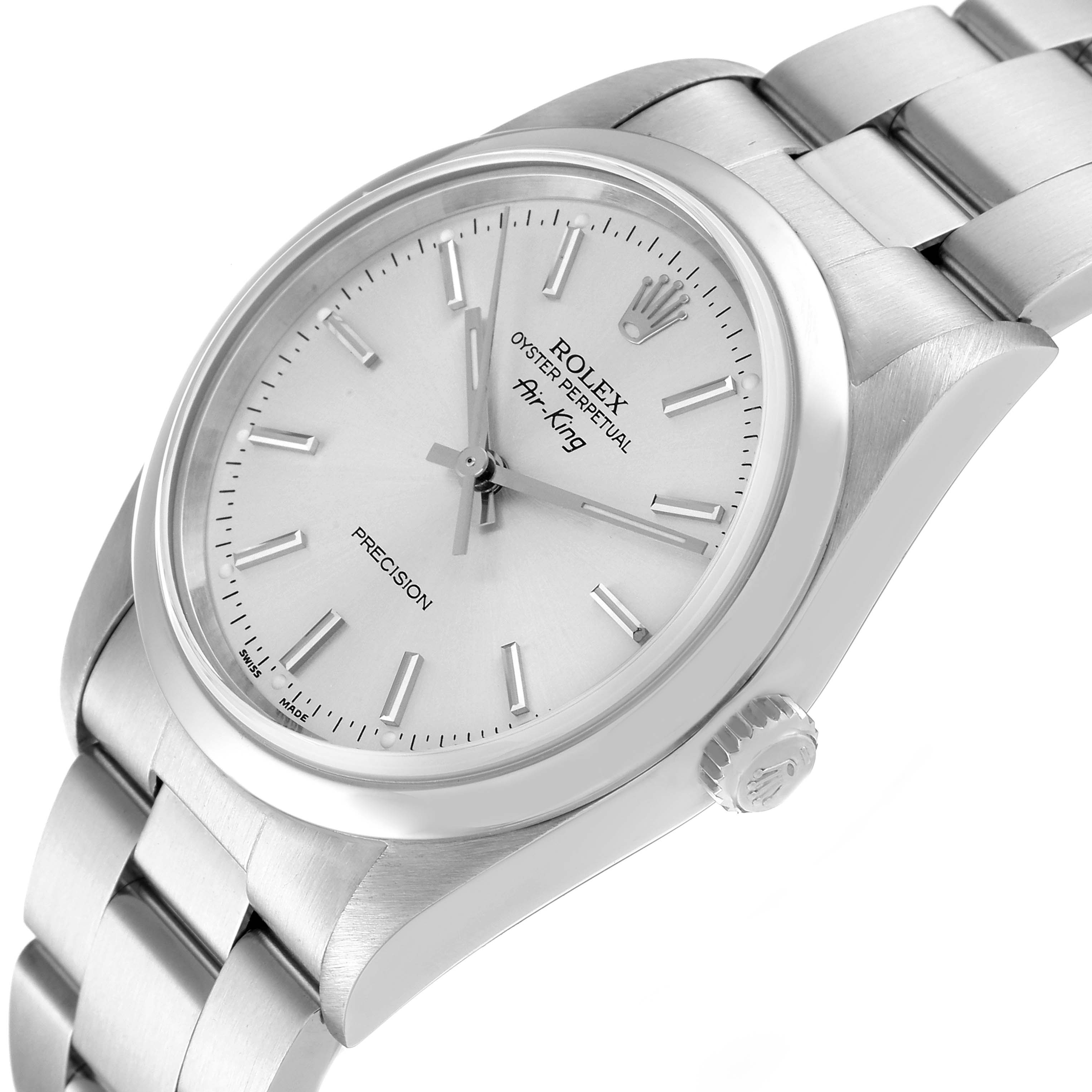 This image shows a Rolex Air-King 14000 Men's Stainless Steel Silver Dial 14000 Men's Stainless Steel Silver Dial watch at an angle highlighting its face, crown, and bracelet.