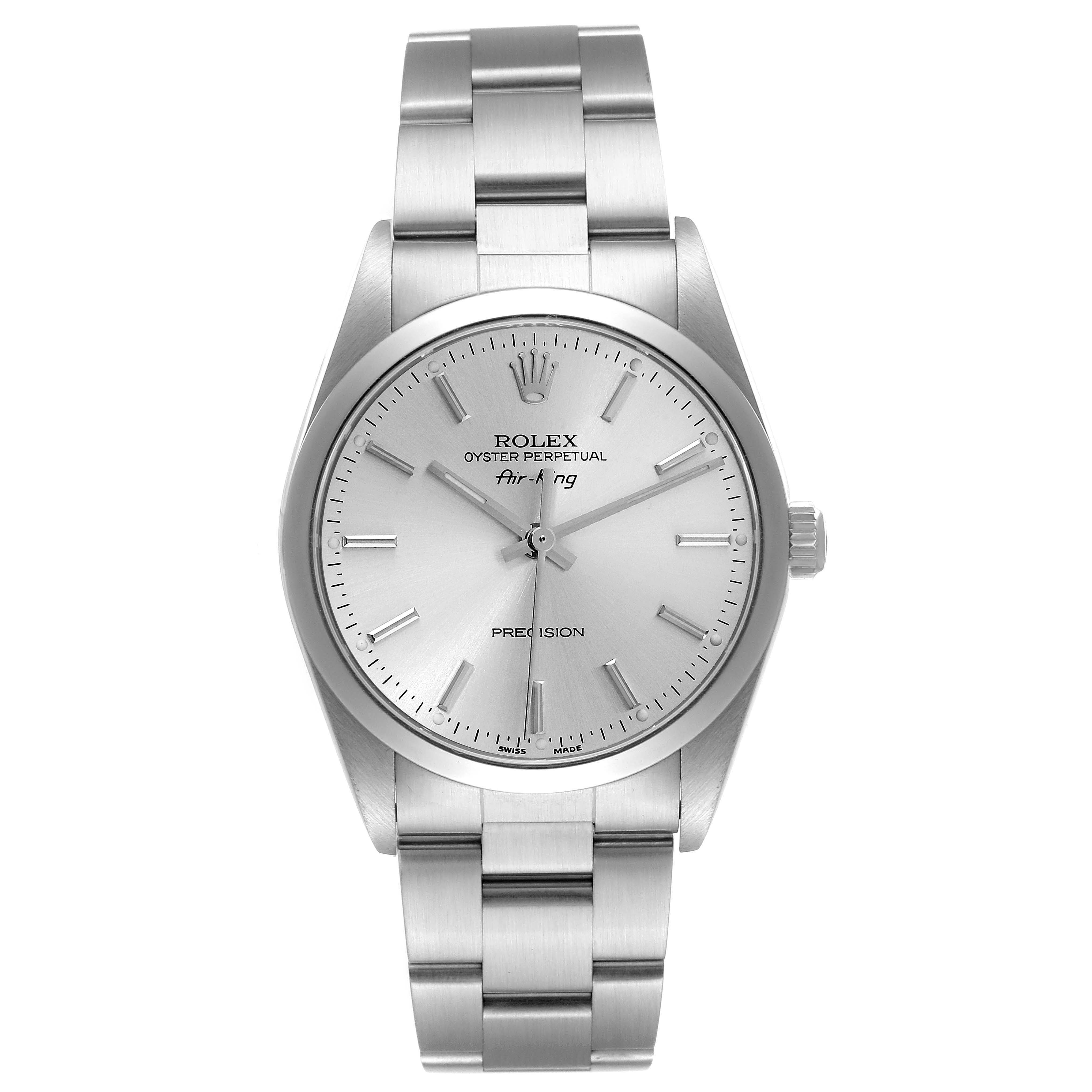 The image shows a front view of the Rolex Air-King 14000 Men's Stainless Steel Silver Dial 14000 Men's Stainless Steel Silver Dial watch, displaying the face, bezel, and bracelet.