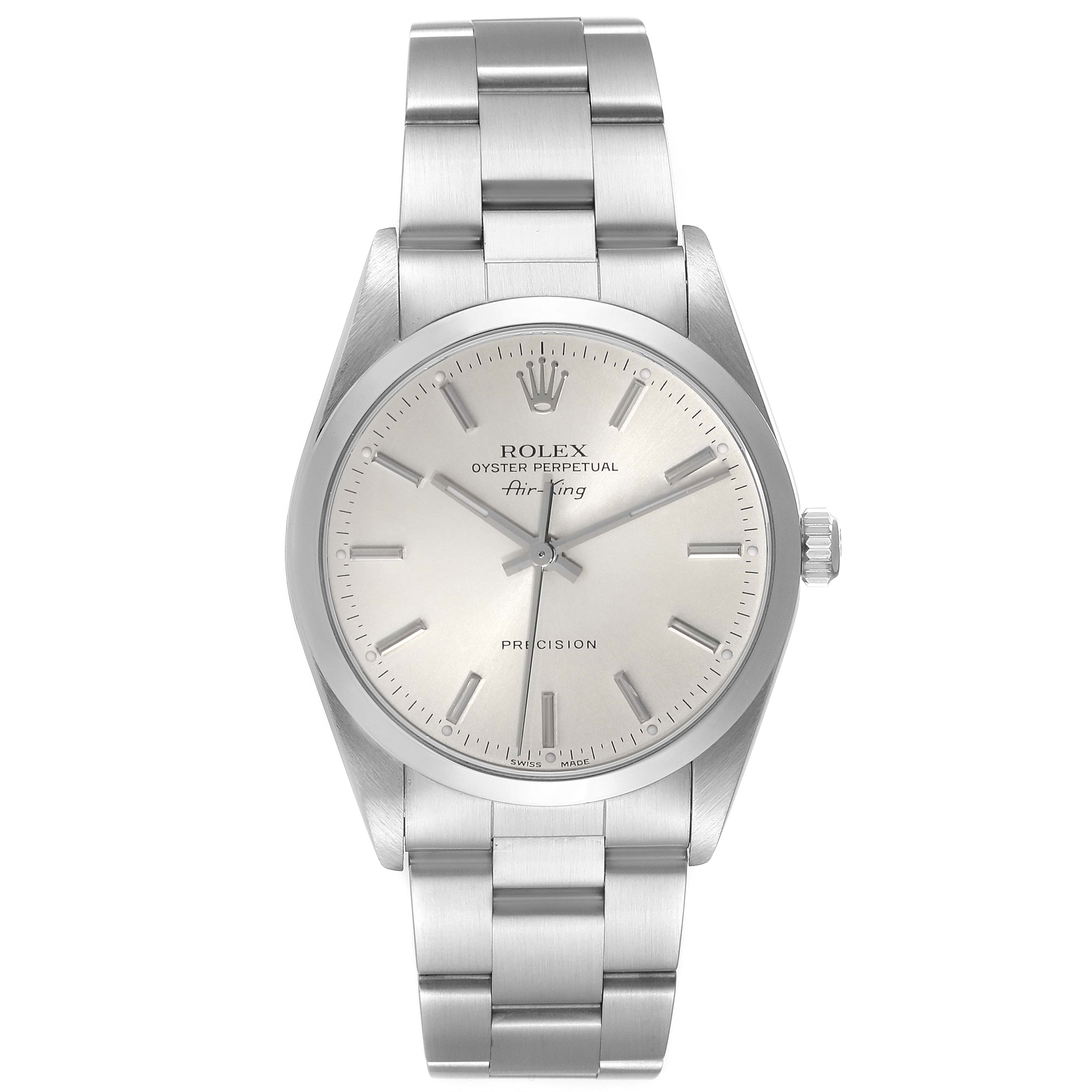 This is a front view of a Rolex Air-King 14000 Men's Stainless Steel Silver Dial 14000 Men's Stainless Steel Silver Dial watch featuring its dial, bezel, case, bracelet, and crown.