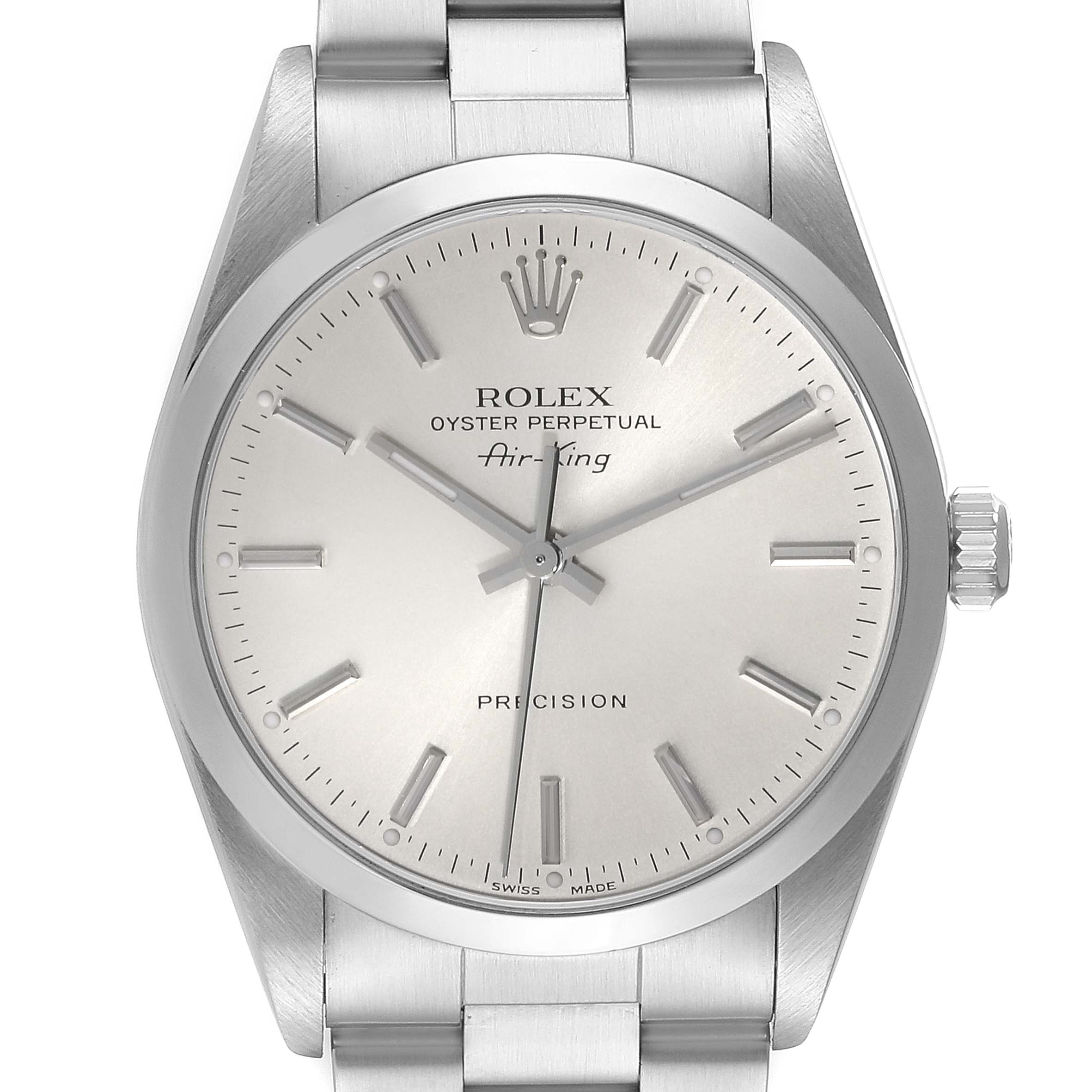 The image shows a front view of the Rolex Air-King 14000 Men's Stainless Steel Silver Dial 14000 Men's Stainless Steel Silver Dial watch, displaying the dial, hands, crown, and bracelet.