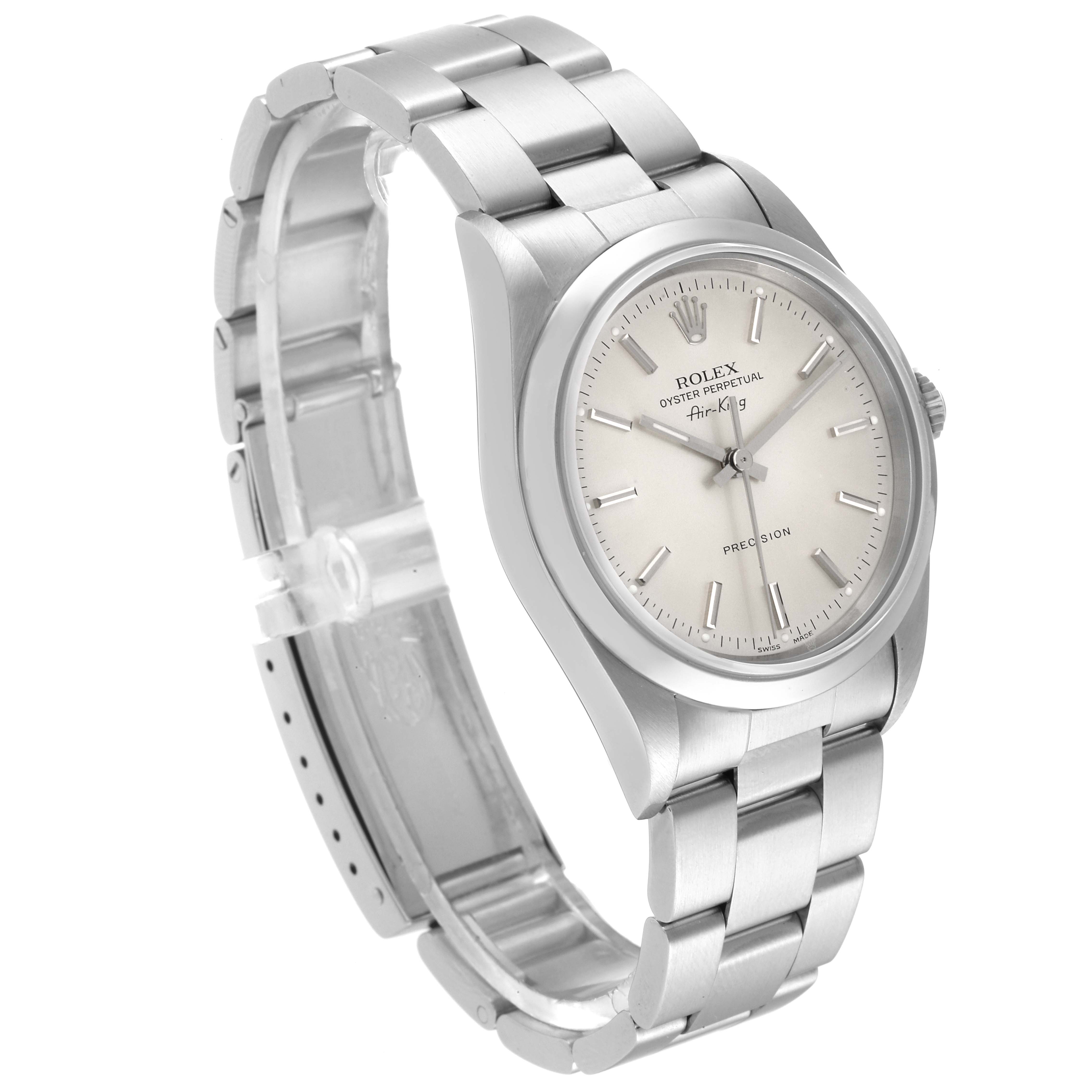 The image shows a Rolex Air-King 14000 Men's Stainless Steel Silver Dial 14000 Men's Stainless Steel Silver Dial watch at an angle revealing the dial, bracelet, and case.