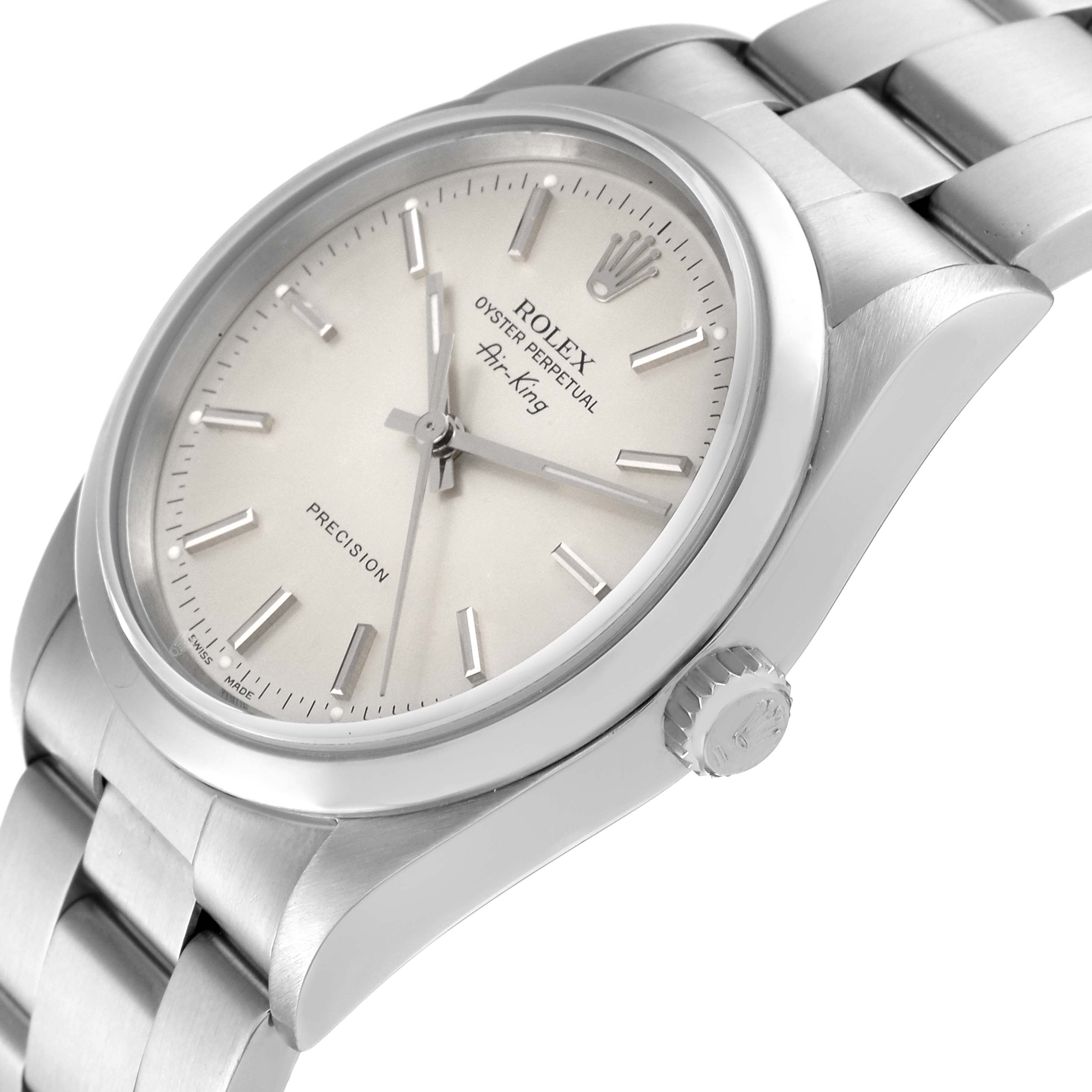 The image shows a close-up side angle of a Rolex Air-King 14000 Men's Stainless Steel Silver Dial 14000 Men's Stainless Steel Silver Dial watch highlighting the dial, crown, and bracelet.