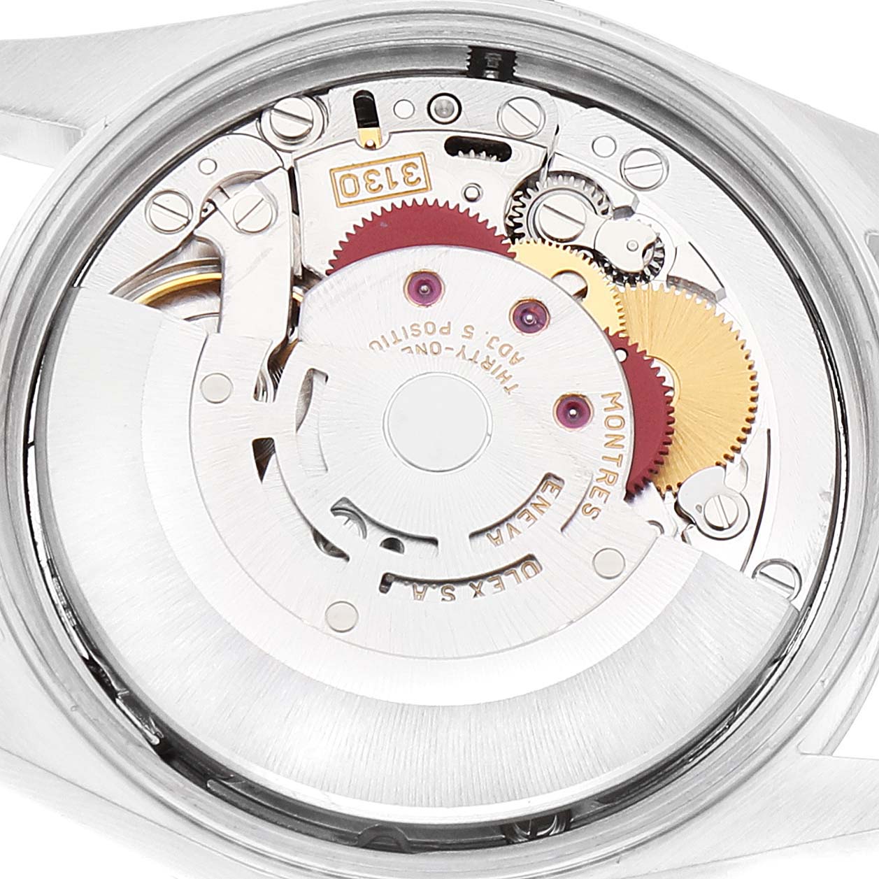 The image shows a detailed view of the inner mechanical movement of a Rolex Air-King 14000 Men's Stainless Steel Black Dial 14000 Men's Stainless Steel Black Dial watch, highlighting gears and other components.