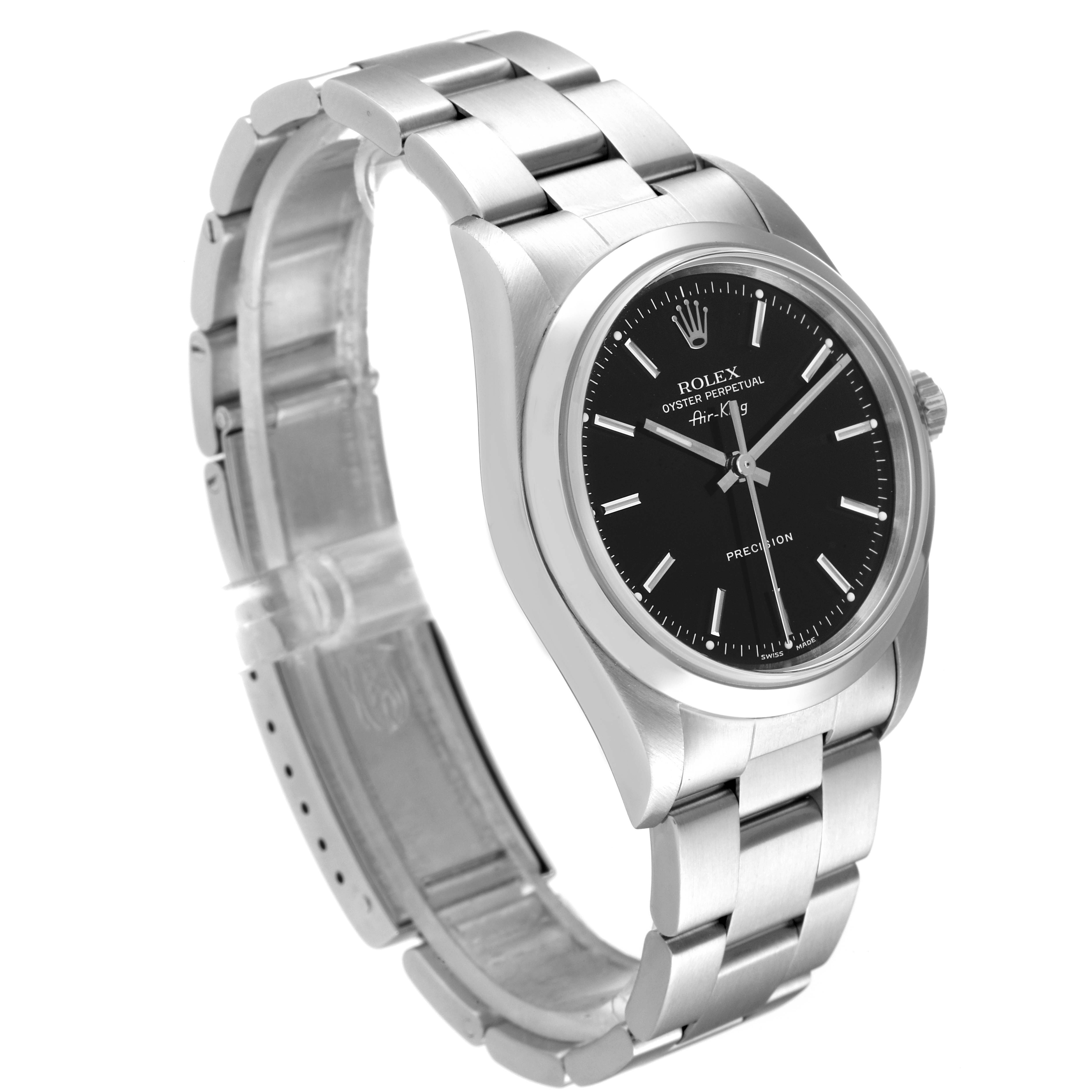 The Rolex Air-King 14000 Men's Stainless Steel Black Dial 14000 Men's Stainless Steel Black Dial watch is shown at a three-quarter angle, highlighting its black dial, stainless steel bracelet, and clasp.