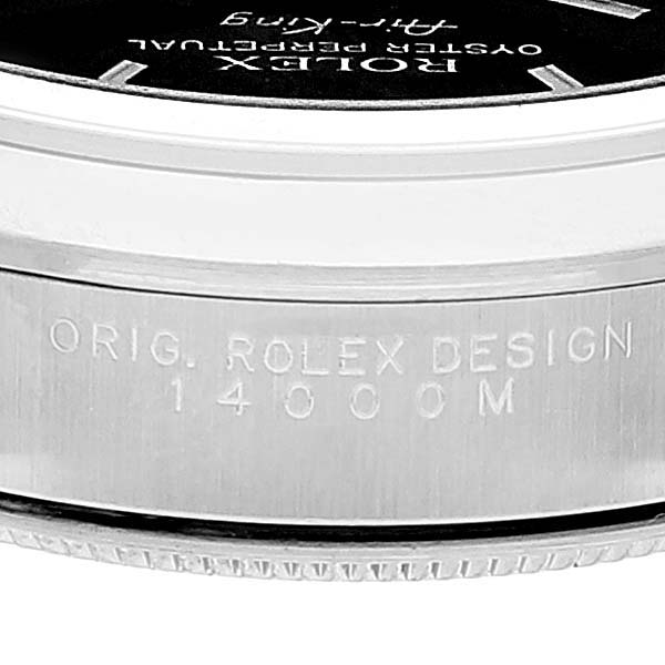 The image shows a side view of the bezel and part of the dial of a Rolex Air-King 14000 Men's Stainless Steel Black Dial 14000 Men's Stainless Steel Black Dial watch.