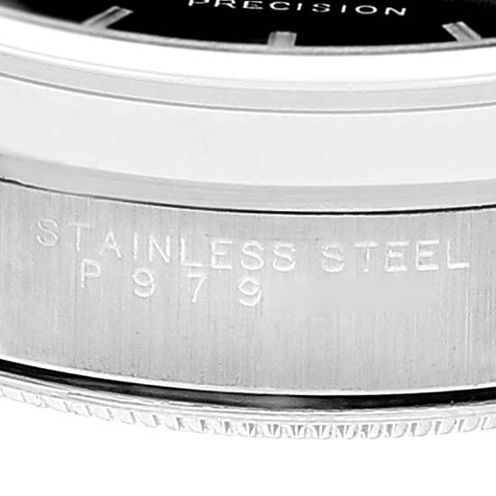 The image shows a close-up side angle of the Rolex Air-King 14000 Men's Stainless Steel Black Dial 14000 Men's Stainless Steel Black Dial model, focusing on its stainless steel bezel with engraved markings.