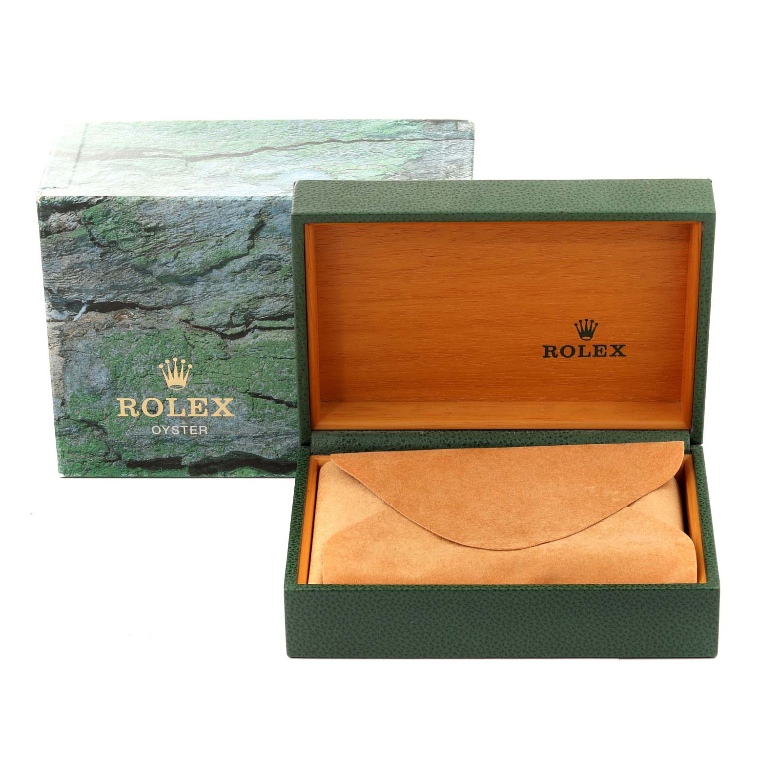 The image shows a Rolex Air-King 14000 Men's Stainless Steel Black Dial 14000 Men's Stainless Steel Black Dial watch box set, featuring an open green and wood box with a suede pouch inside, and a textured outer box.