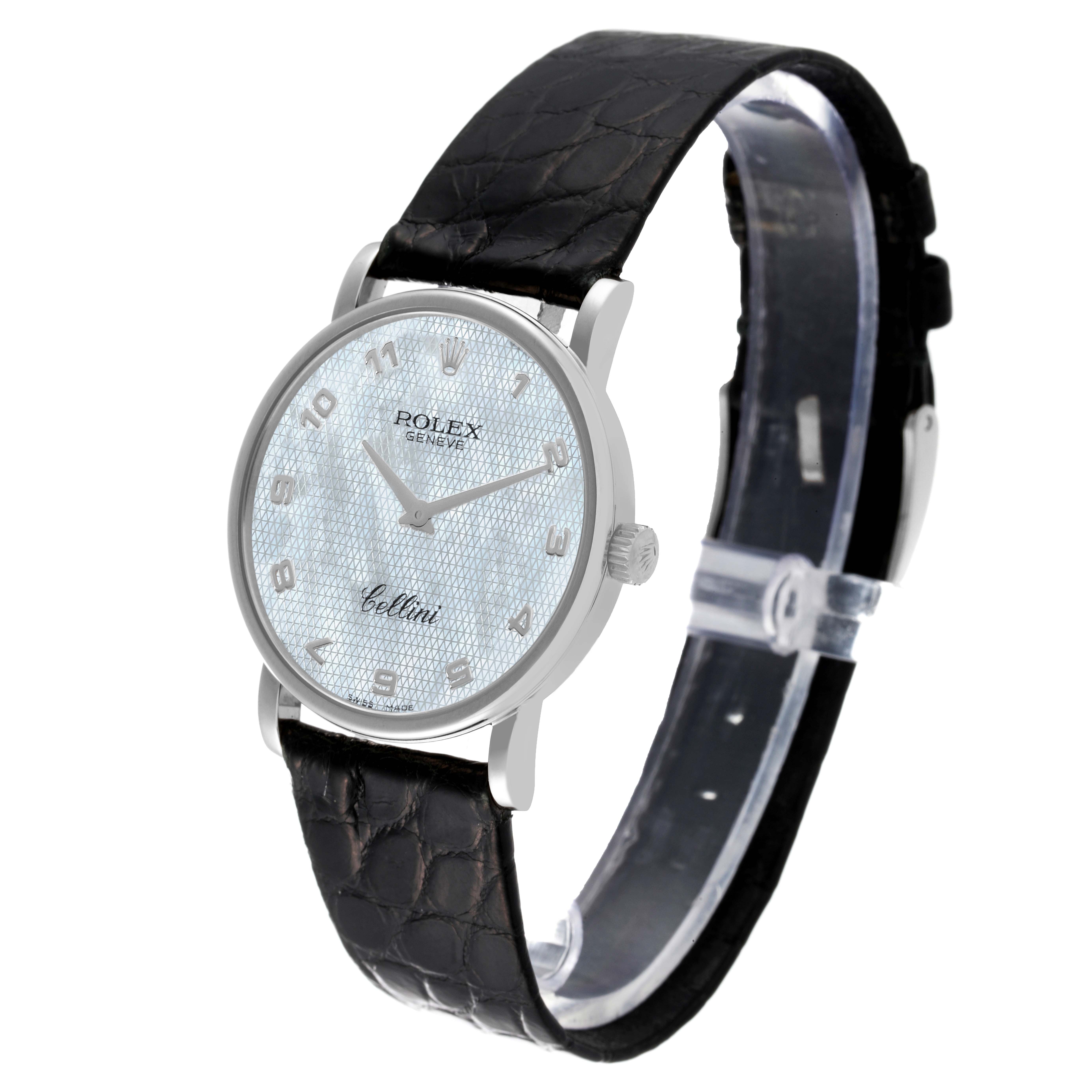 This image shows a Rolex Cellini 5115 Men's White Gold Mother of Pearl Dial 5115 Men's White Gold Mother of Pearl Dial watch from a three-quarter angle, highlighting its face, case, crown, and strap.
