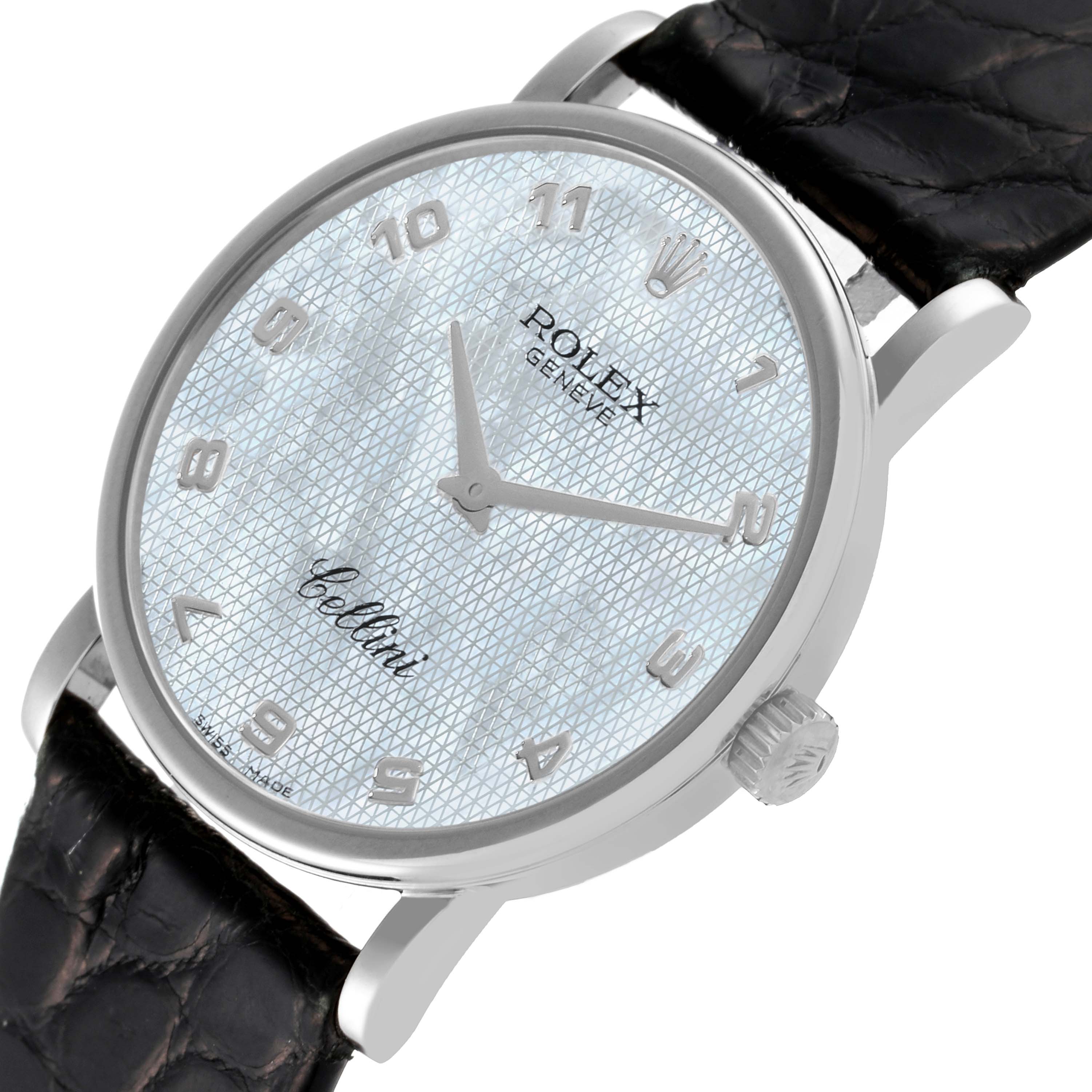 The image shows a top-down view of a Rolex Cellini 5115 Men's White Gold Mother of Pearl Dial 5115 Men's White Gold Mother of Pearl Dial watch, highlighting the dial, hands, crown, case, and leather strap.